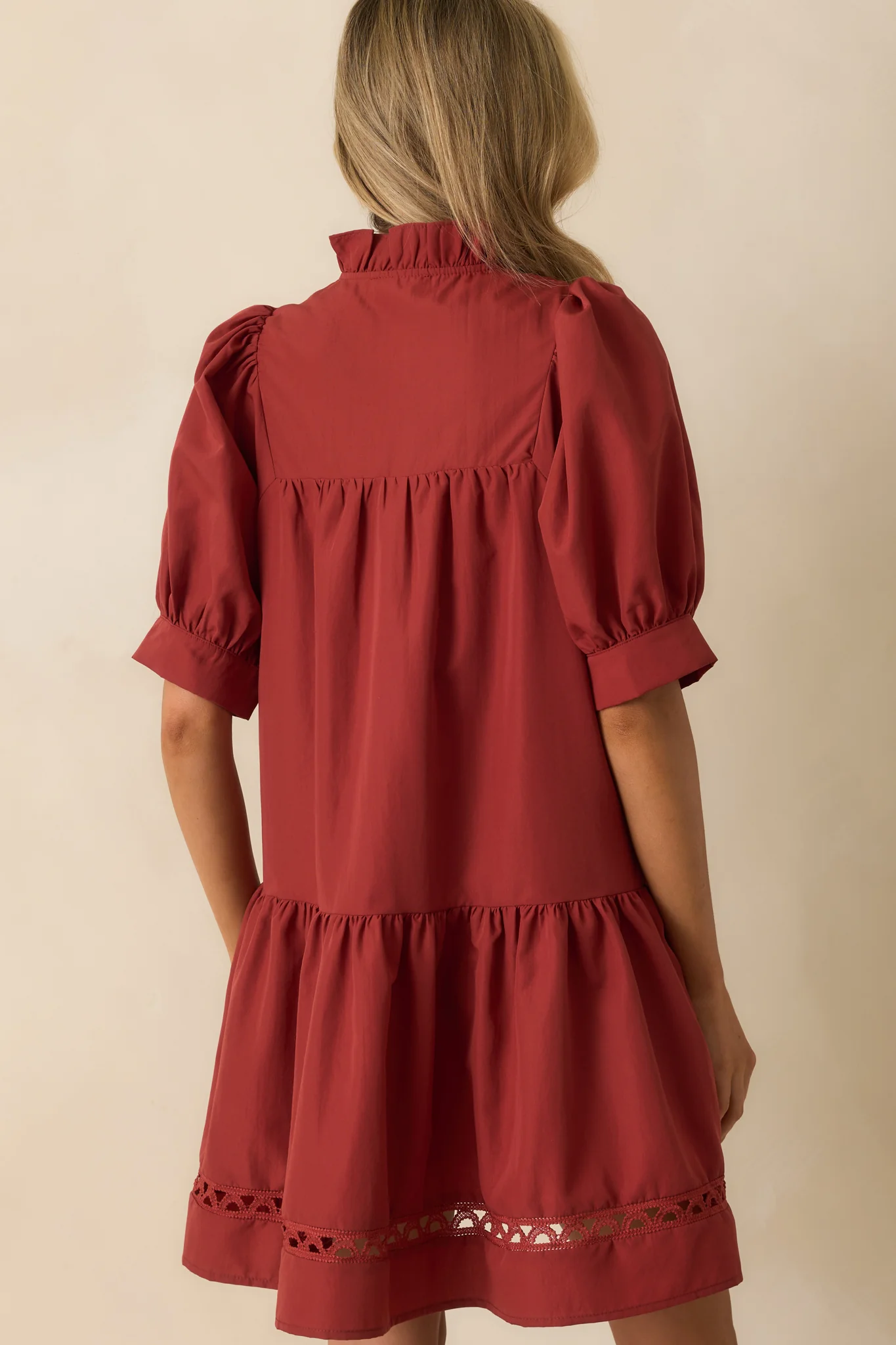 Feels Just Right Brick Red Puff Sleeve Embroidered Eyelet Mini Dress