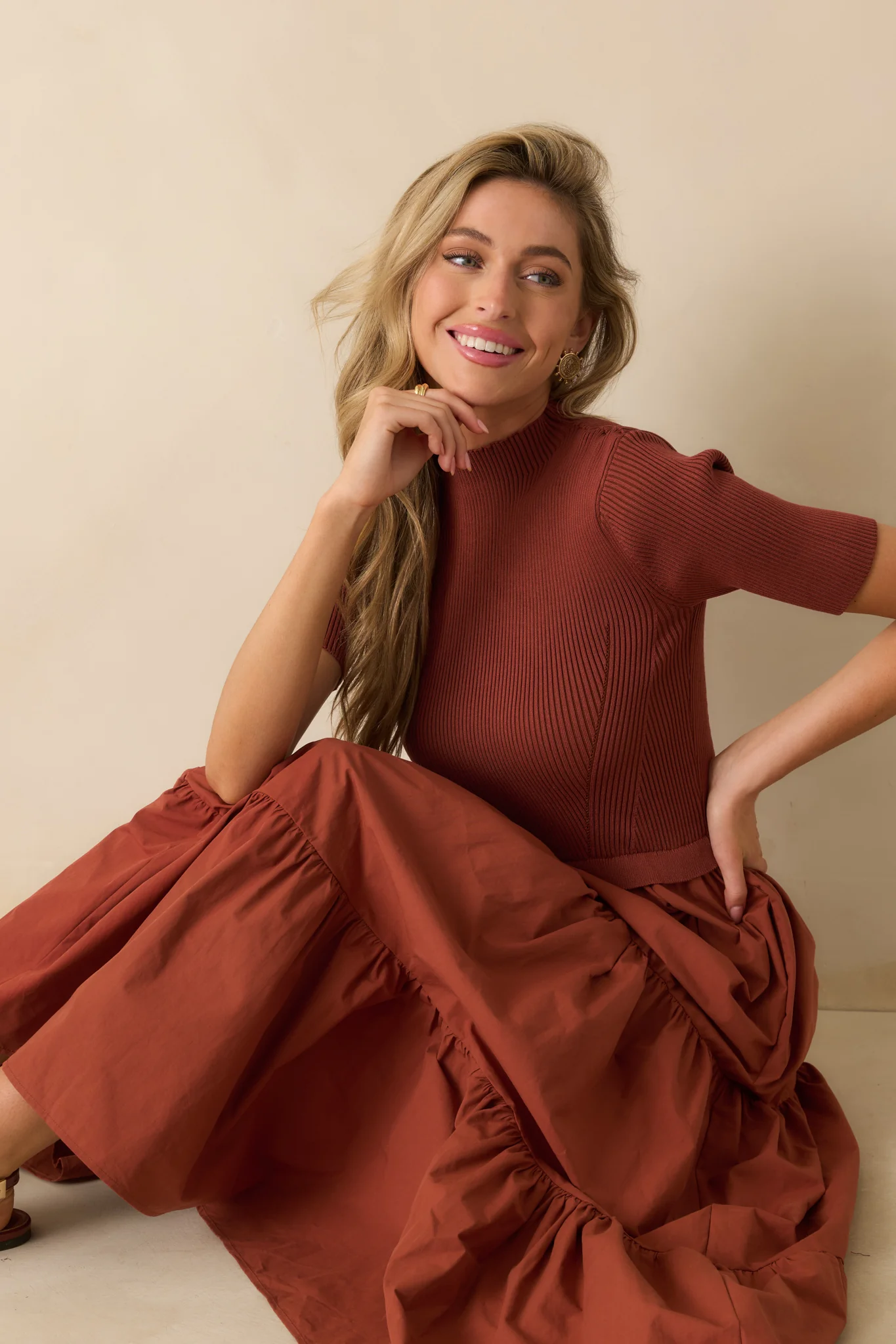 Rust Red Cotton Knit Short Sleeve Maxi Dress