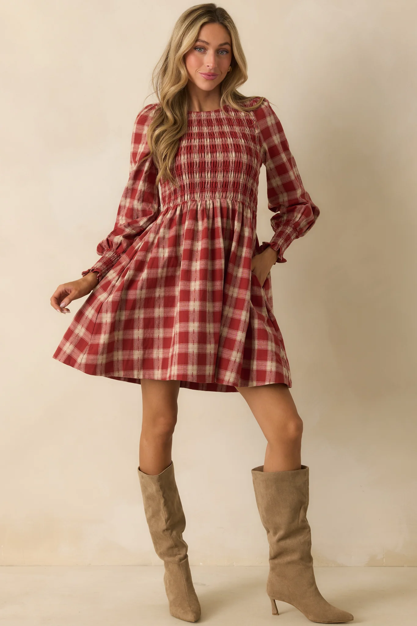 By All Means Brick Red Gingham Cotton Long Sleeve Mini Dress