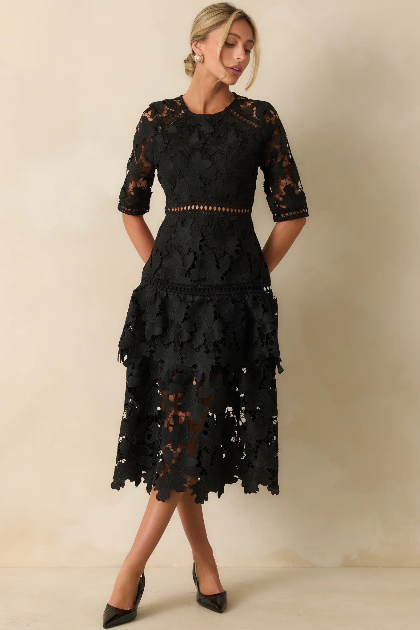 There's Nothing To It Black Lace Tiered Midi Dress