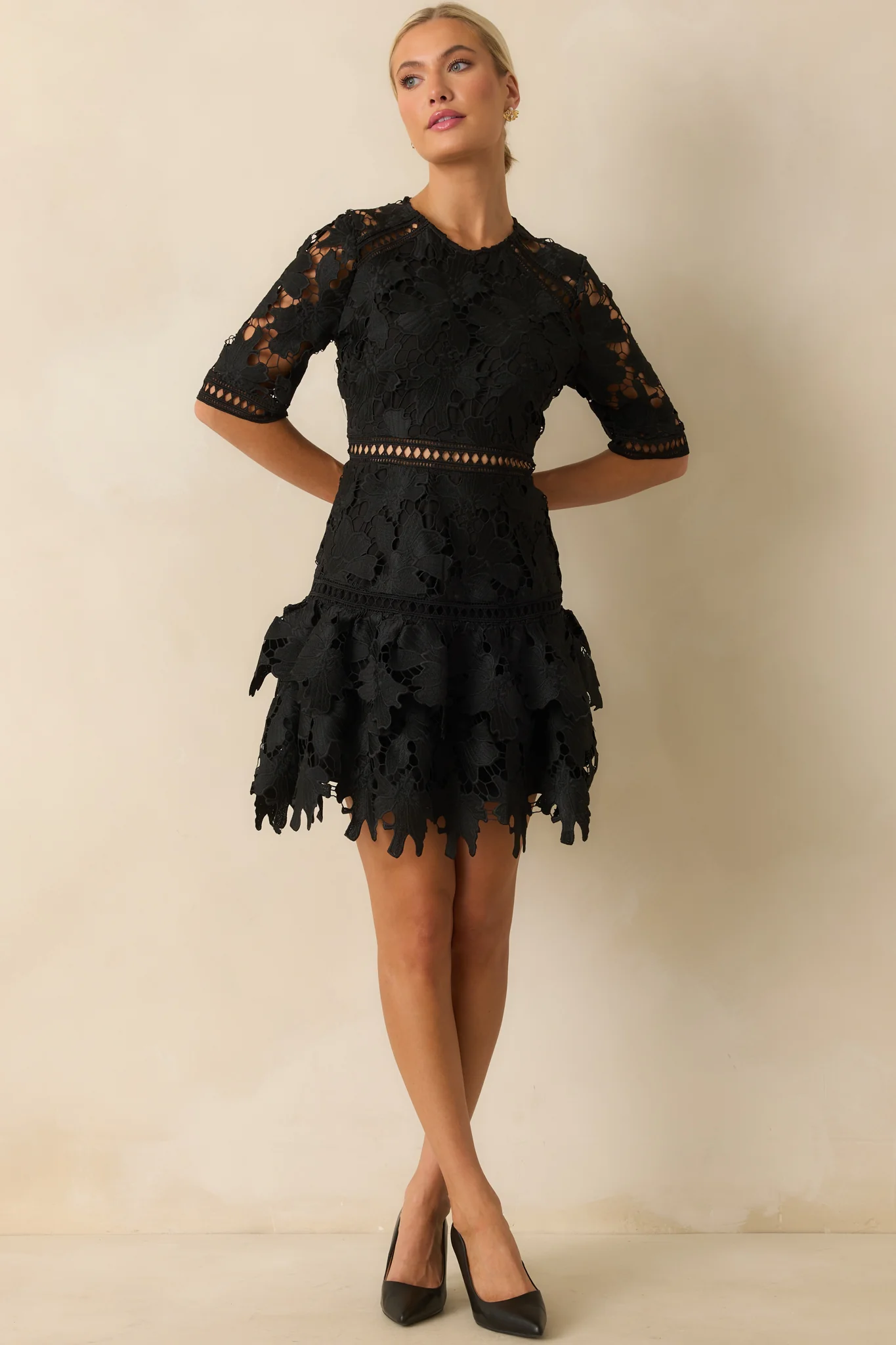 No Compromise Black Floral Guipure Lace Scallop Hem Mini Dress