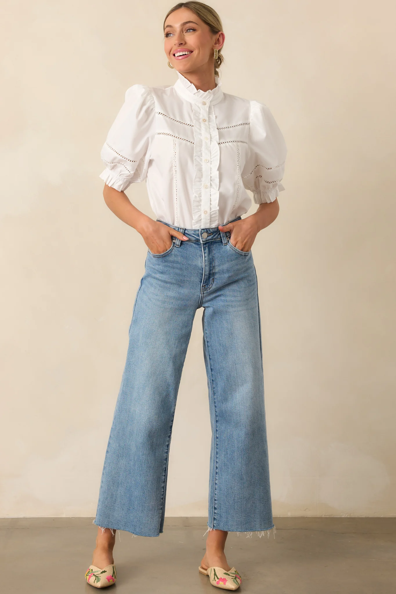 Taking The Scenic Route Ivory Eyelet Ruffle Half Sleeve Top