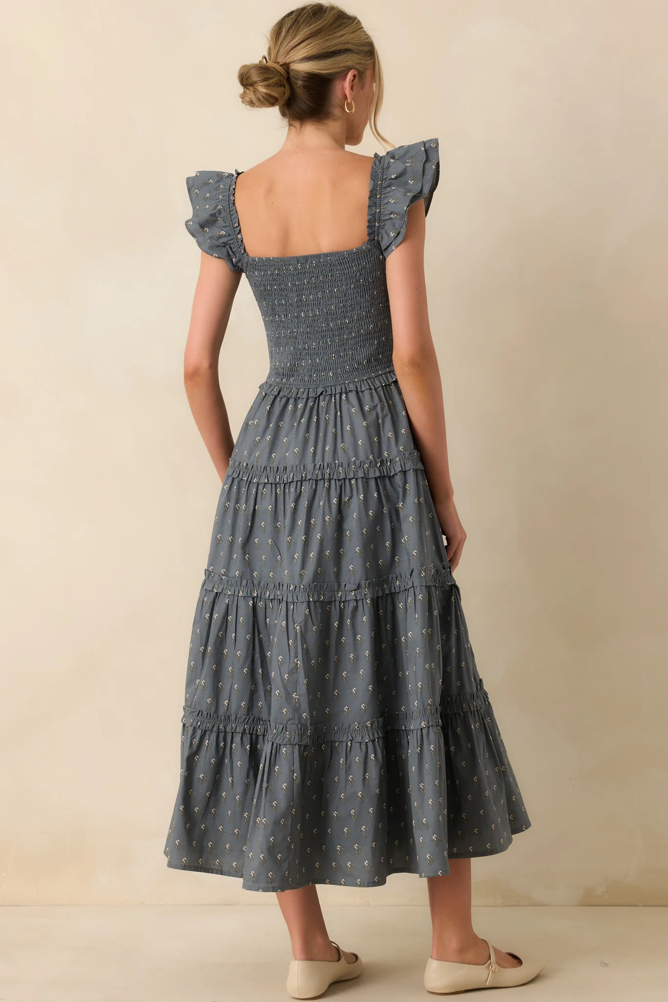 Wildflower Wish Slate Blue Multi Floral Print Cotton Midi Dress