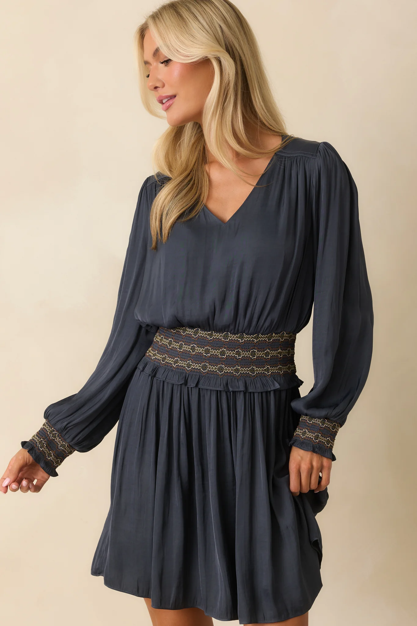 Navy Satin Long Sleeve Smocked Waist Mini Dress