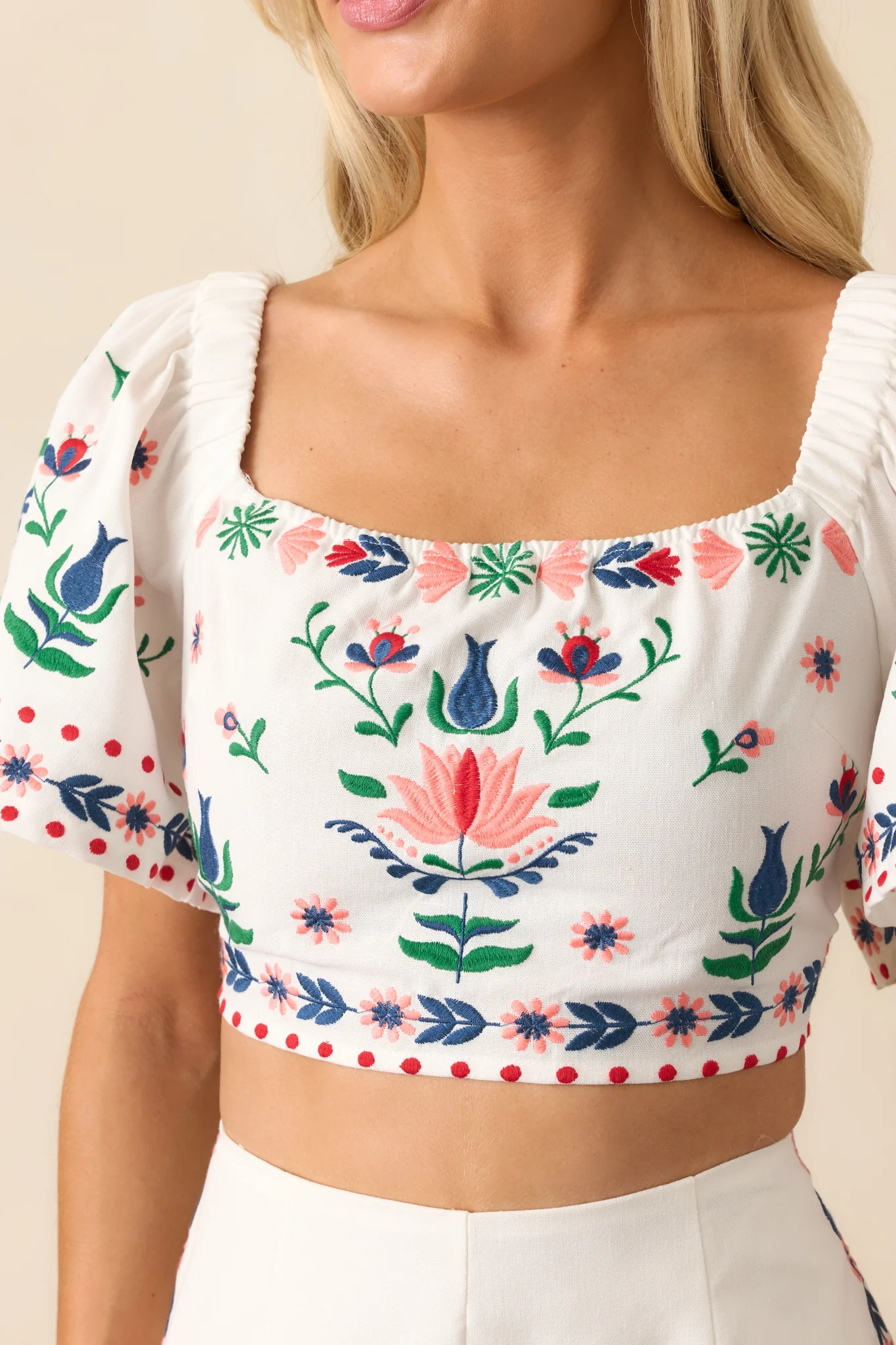 This Is The Good Part Ivory Floral Embroidered Crop Top