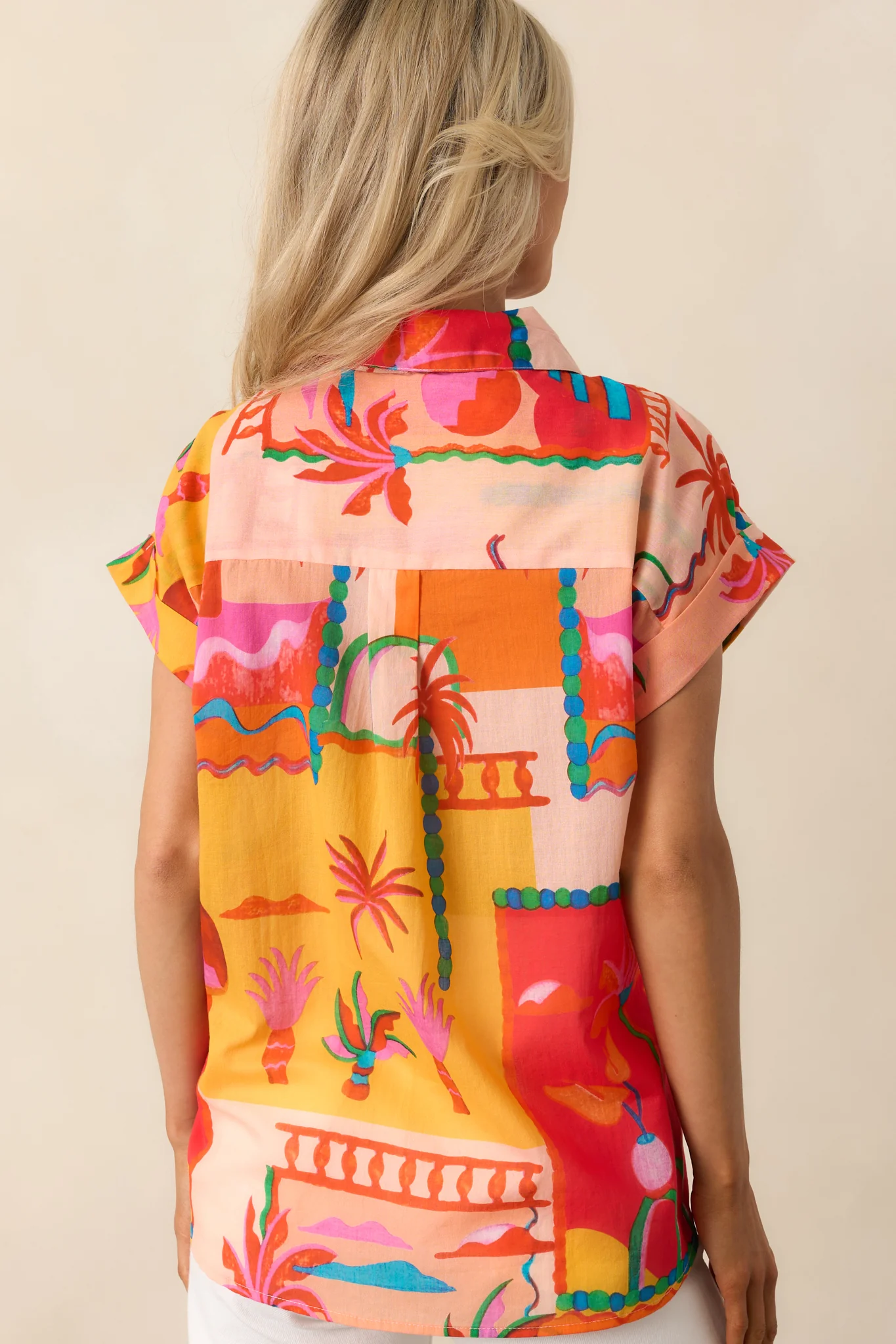 Urban Jungle Orange Tropical Print Cotton Button Front Top