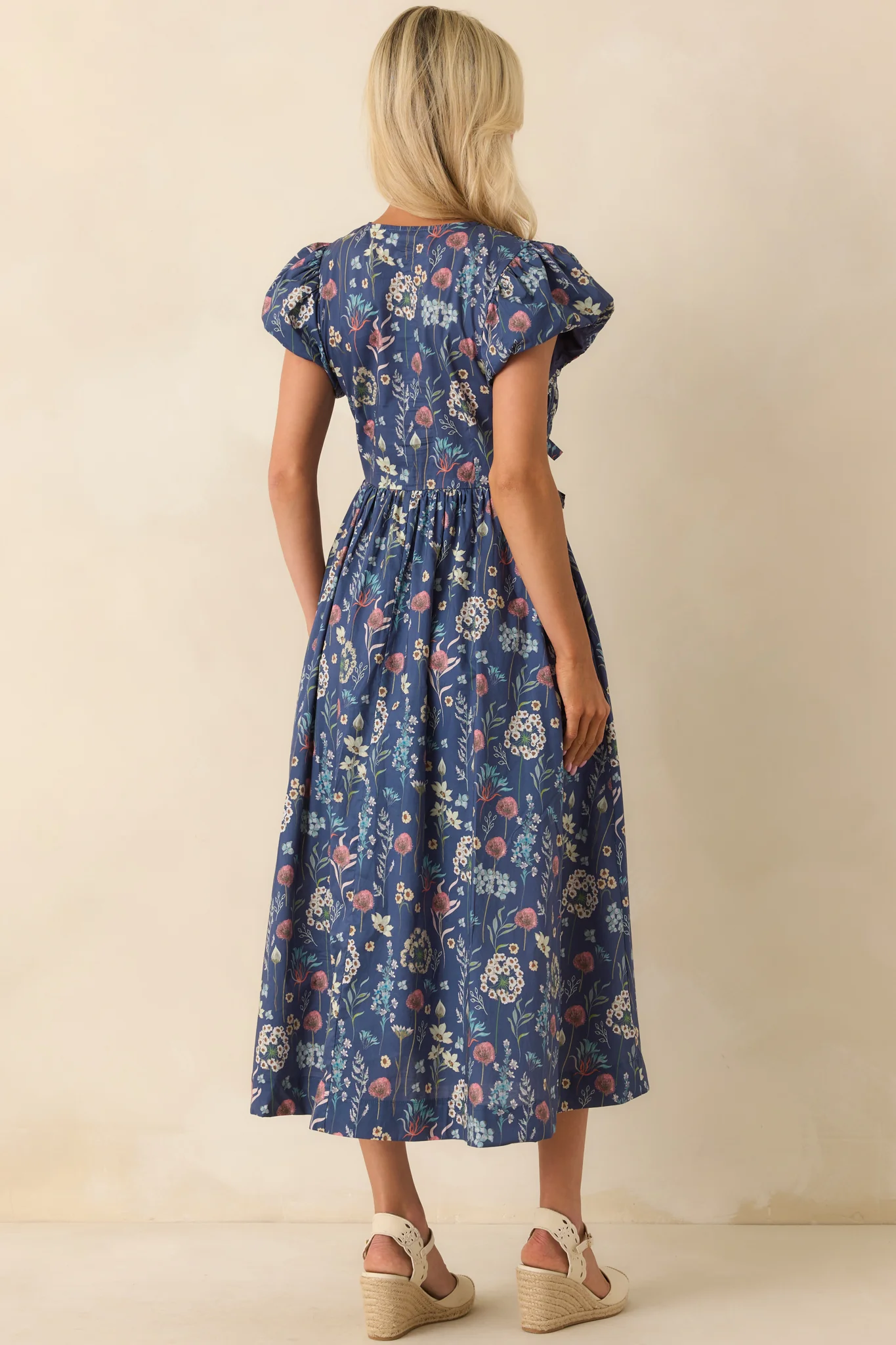 A Subtle Shift Dusty Blue Multi Floral Print Cotton Midi Dress