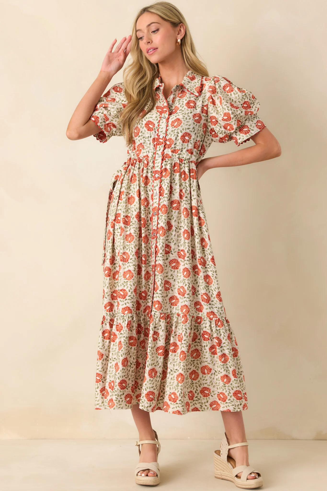 Today Is The Day Burnt Orange Multi Floral Print Maxi Shirt Dress