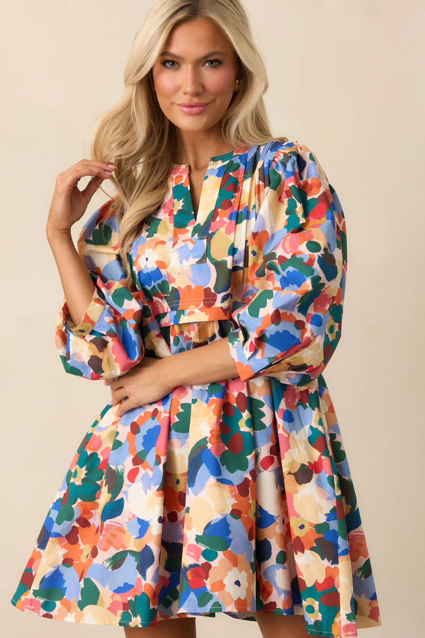 Orange Multi Floral Print Cotton Mini Dress