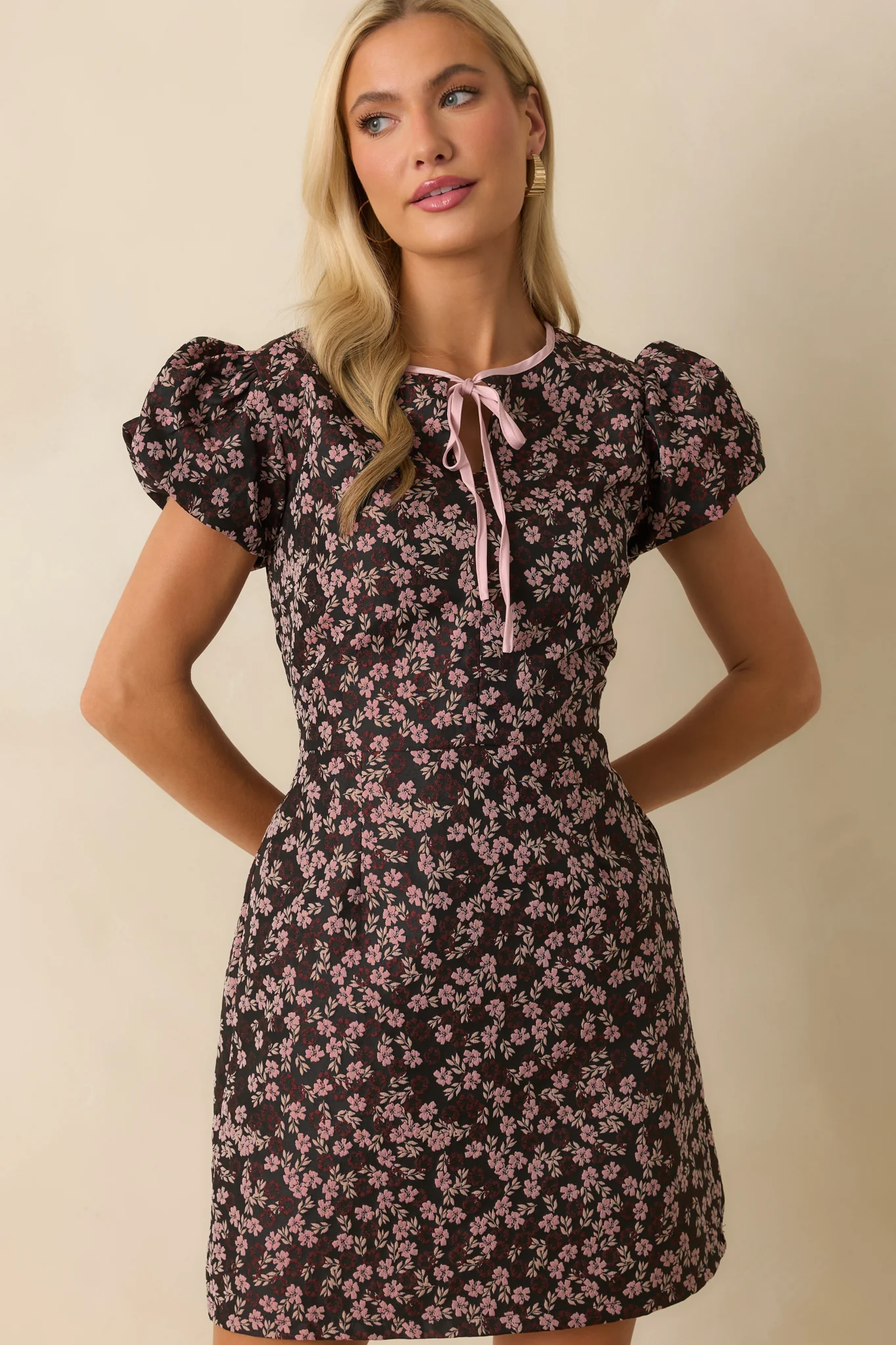 Speaks For Itself Pink Floral Jacquard Puff Sleeve Mini Dress
