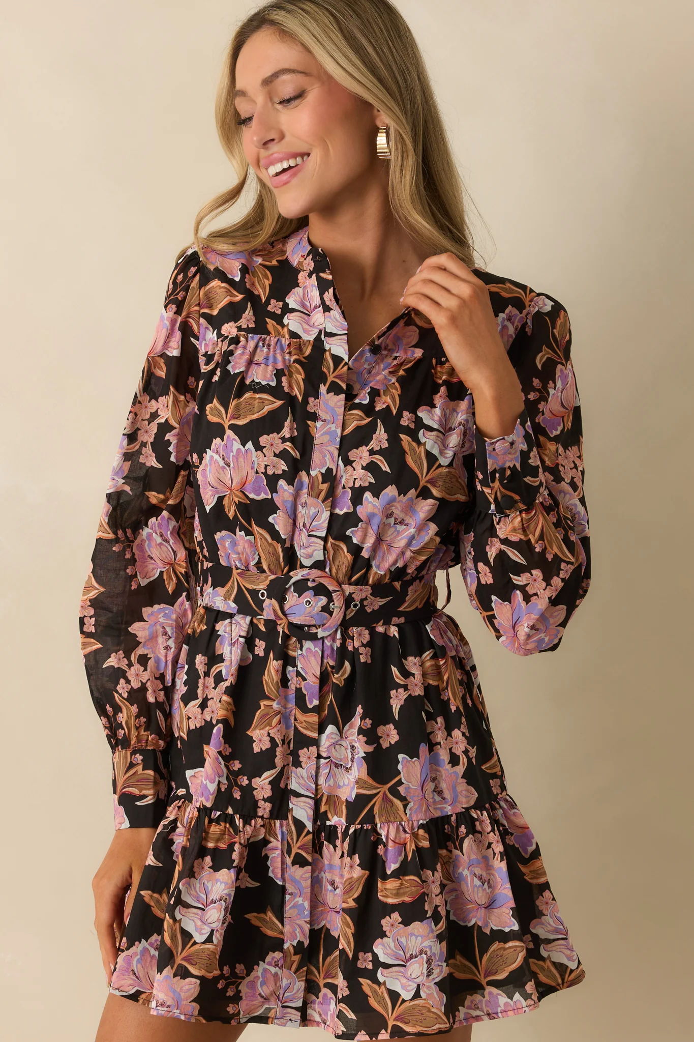 MINKPINK Black Multi Floral Print Cotton Willow Belted Mini Dress