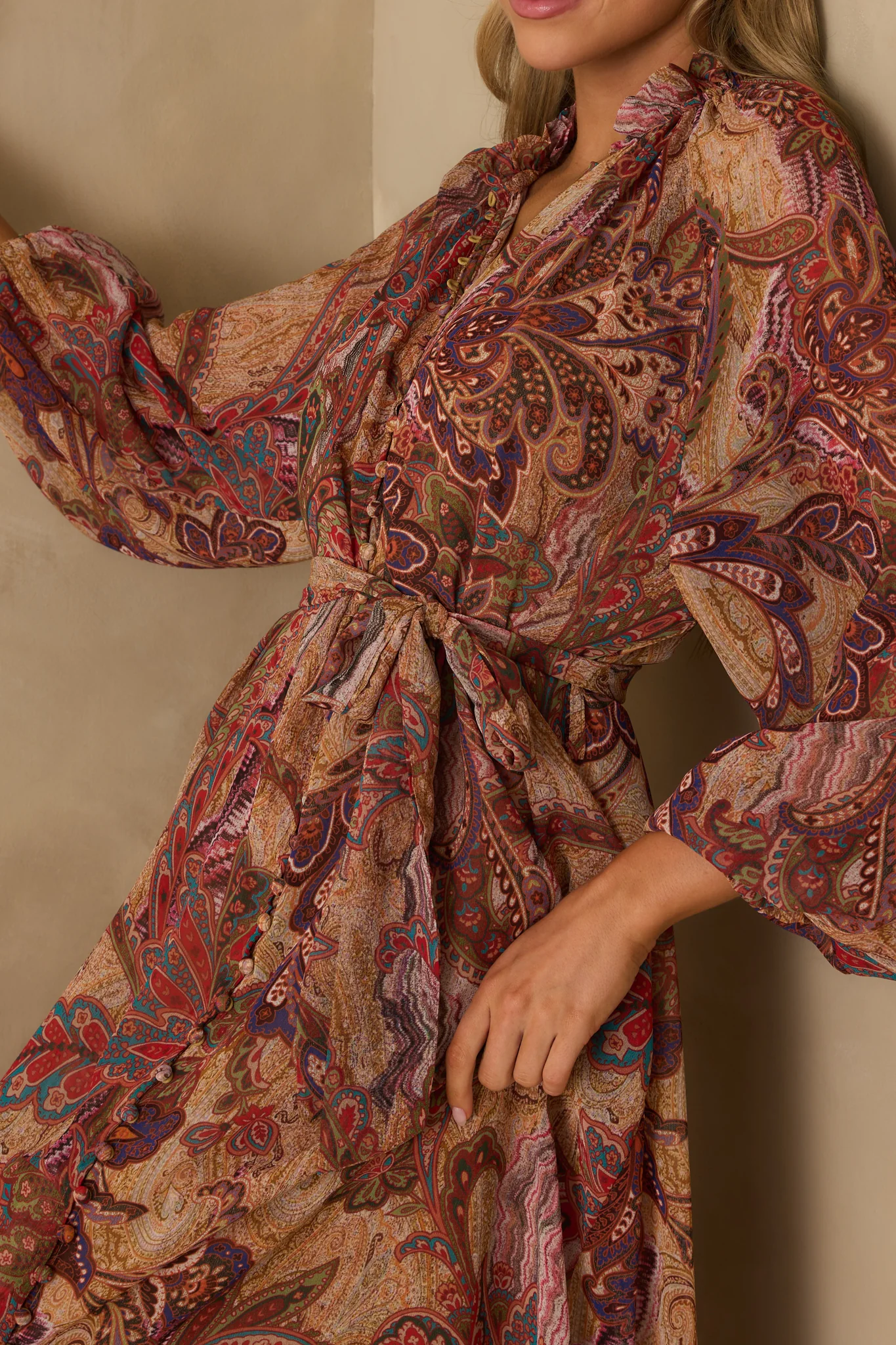 Point Taken Burgundy Multi Paisley Print Chiffon Maxi Dress