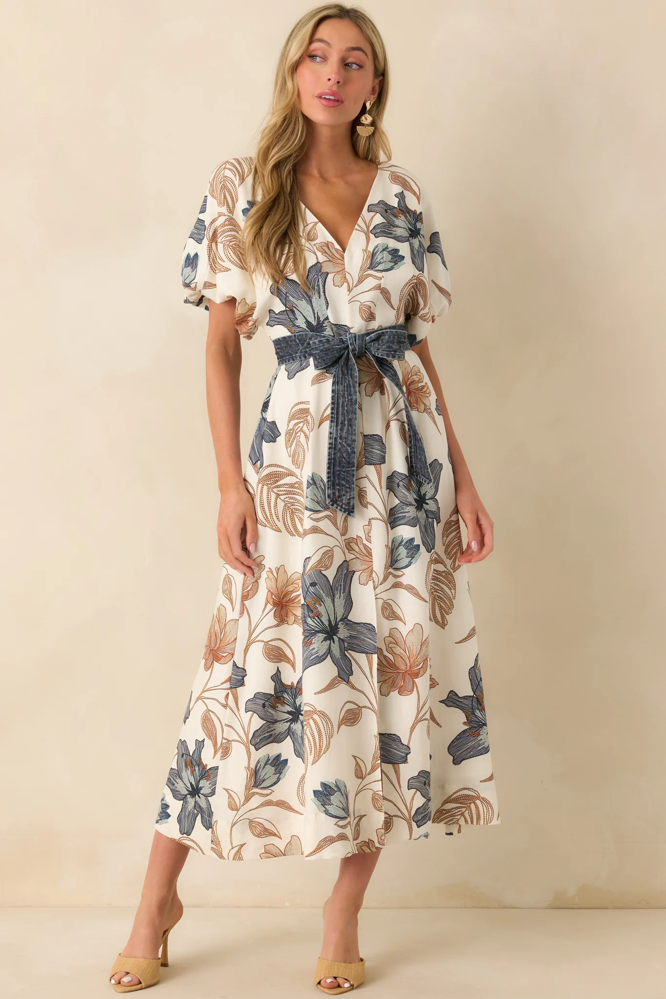 Aylaya Ivory Multi Floral Print Linen Blend Sorrento Maxi Dress