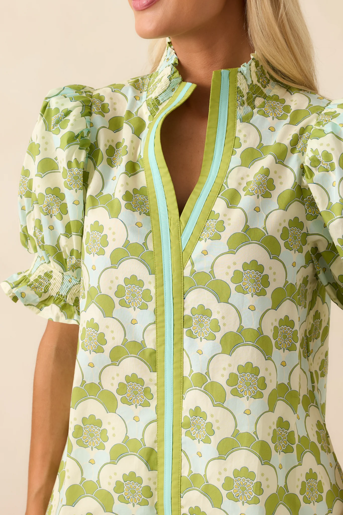 On The Up & Up Chartreuse Abstract Floral Cotton Puff Sleeve Top