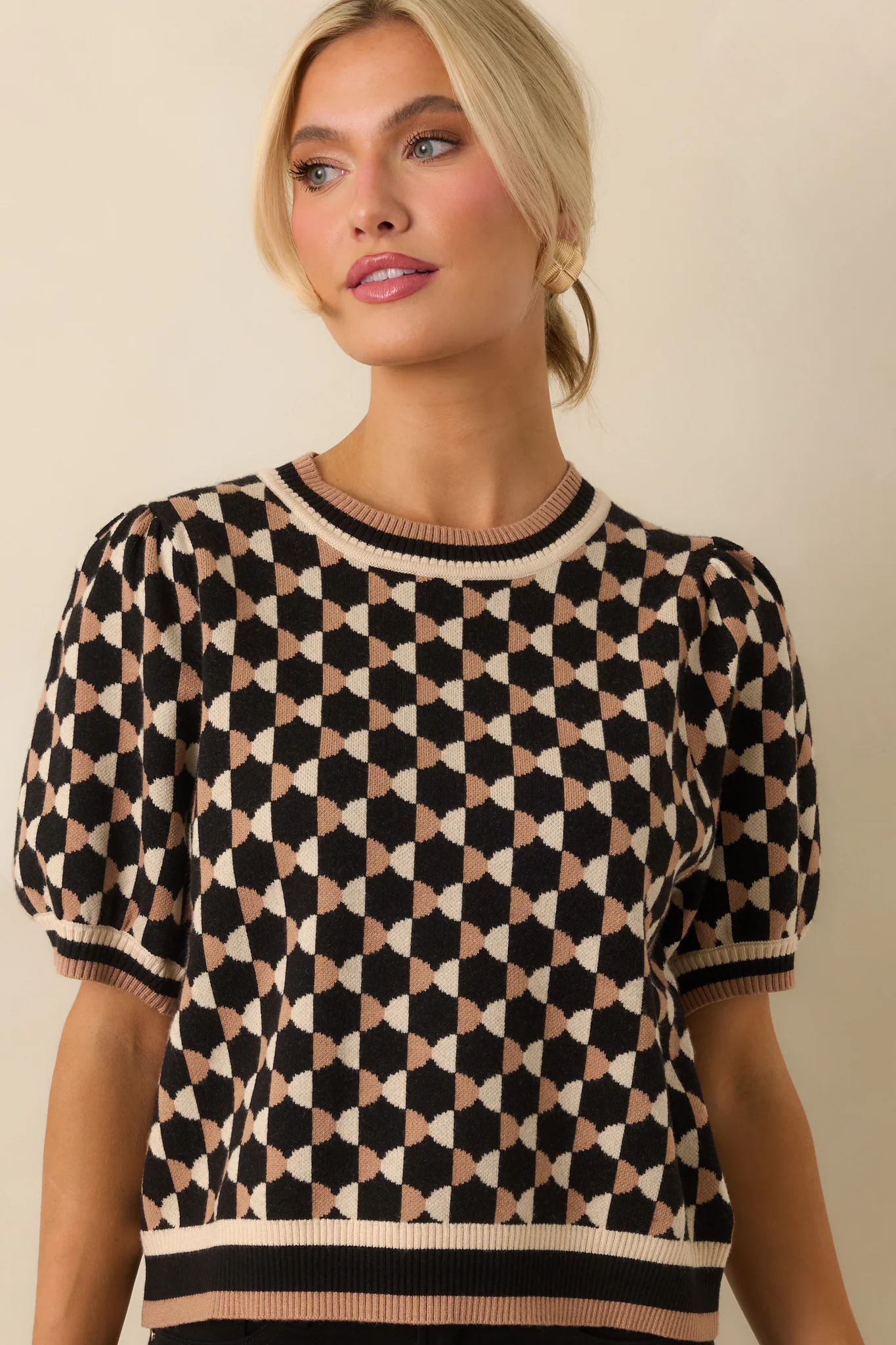 All Comes Together Black Multi Geometric Print Puff Sleeve Knit Top