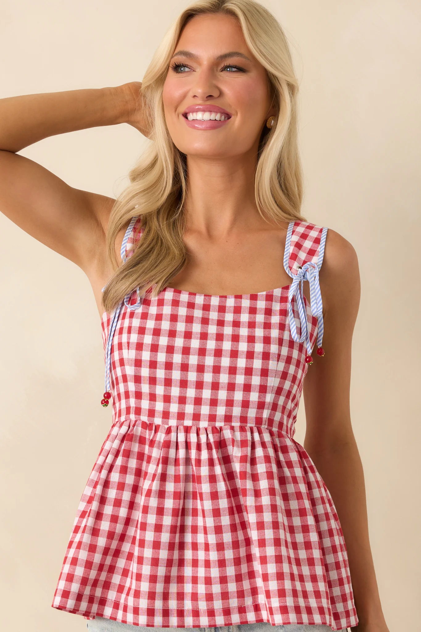 Prosperina Kacey Red Gingham Print Cotton Peplum Top