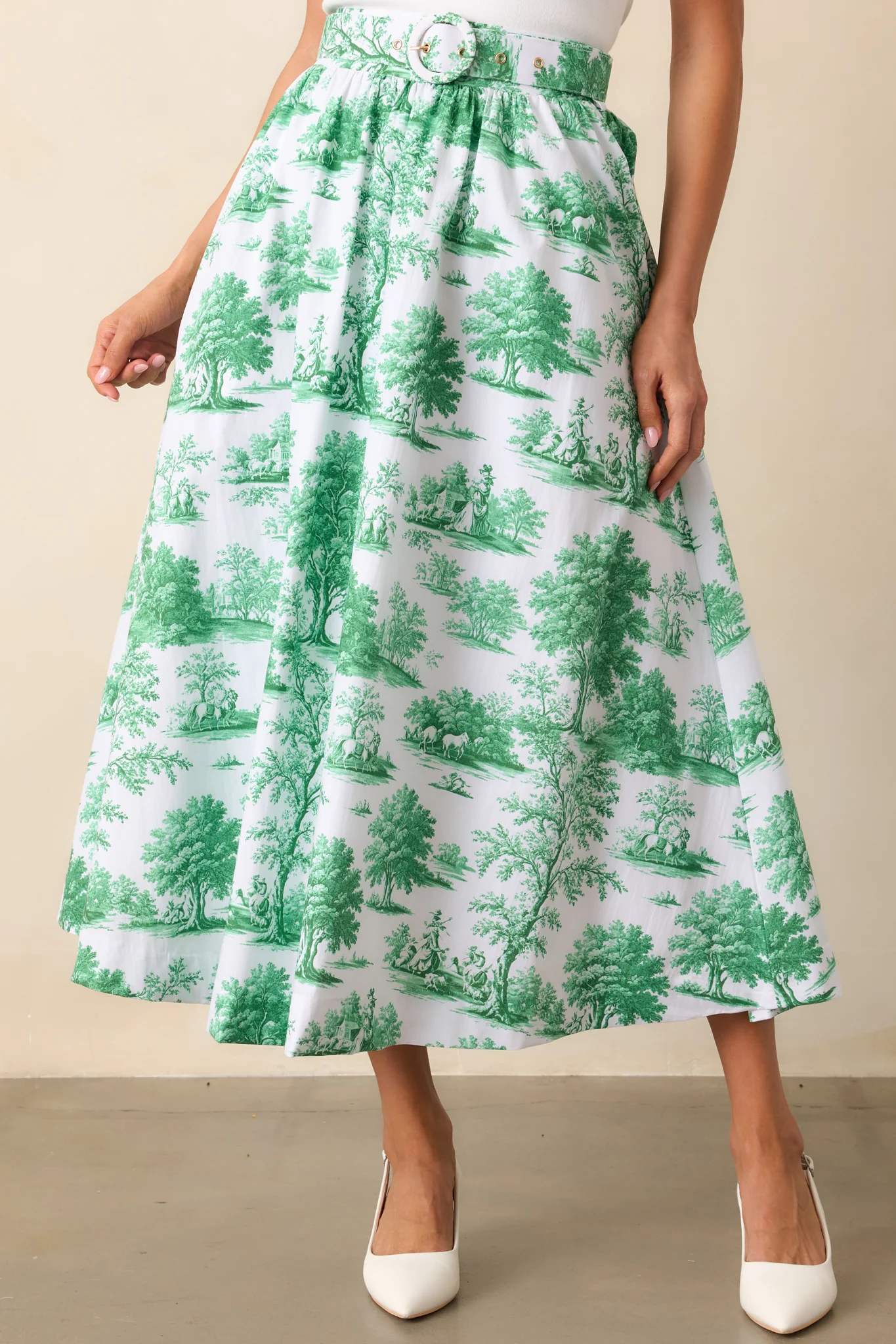 Thena Eden Green Toile Cotton Belted Midi Skirt