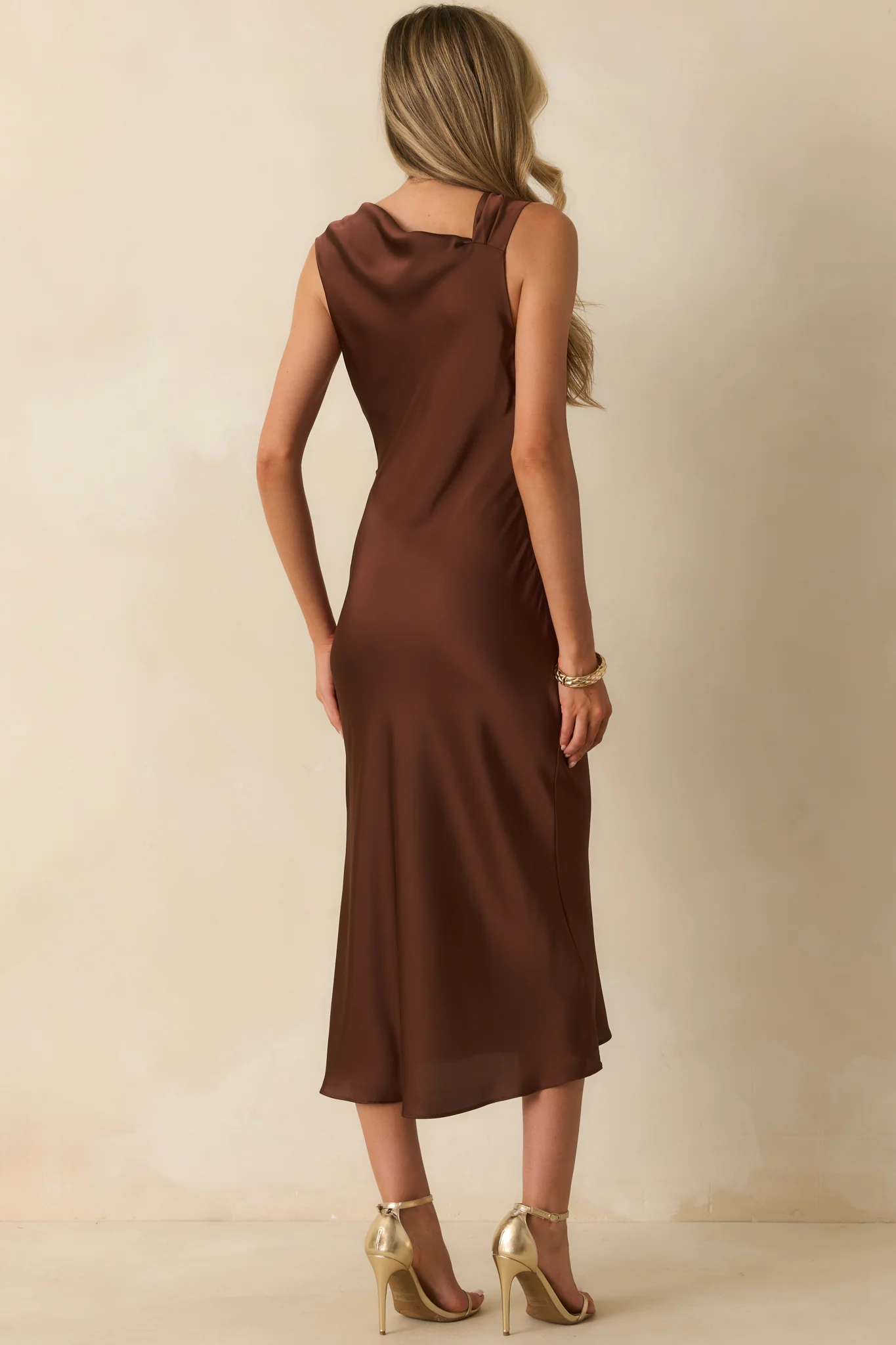 As I Expected Brown Satin Cowl Neck Sleeveless Midi Dress