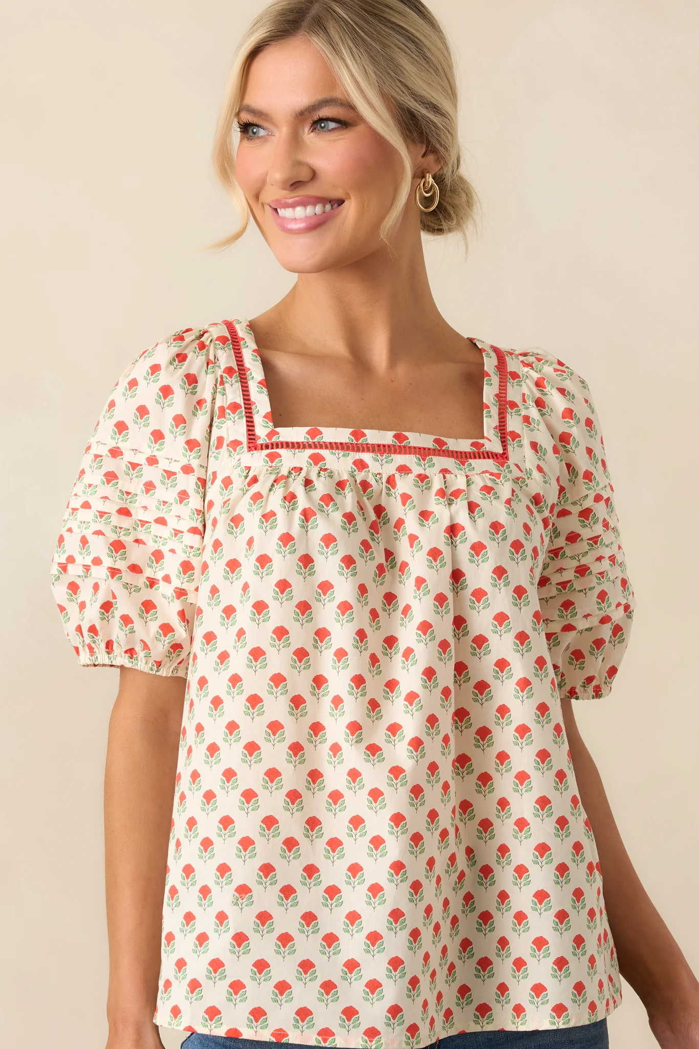 Right Where You Are Red Floral Cotton Puff Sleeve Top