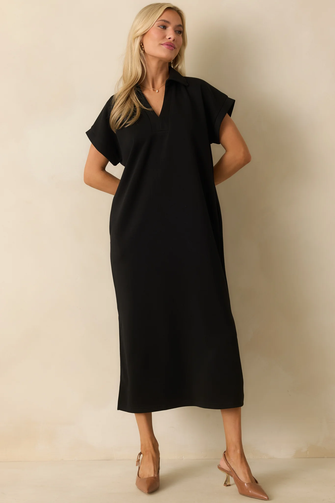 Made The Right Call Black Collared Midi T-Shirt Dress