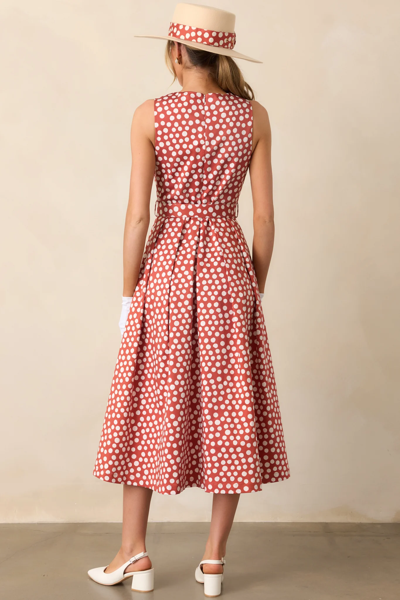 Prosperina Ava Brick Red Polka Dot Cotton Midi Dress