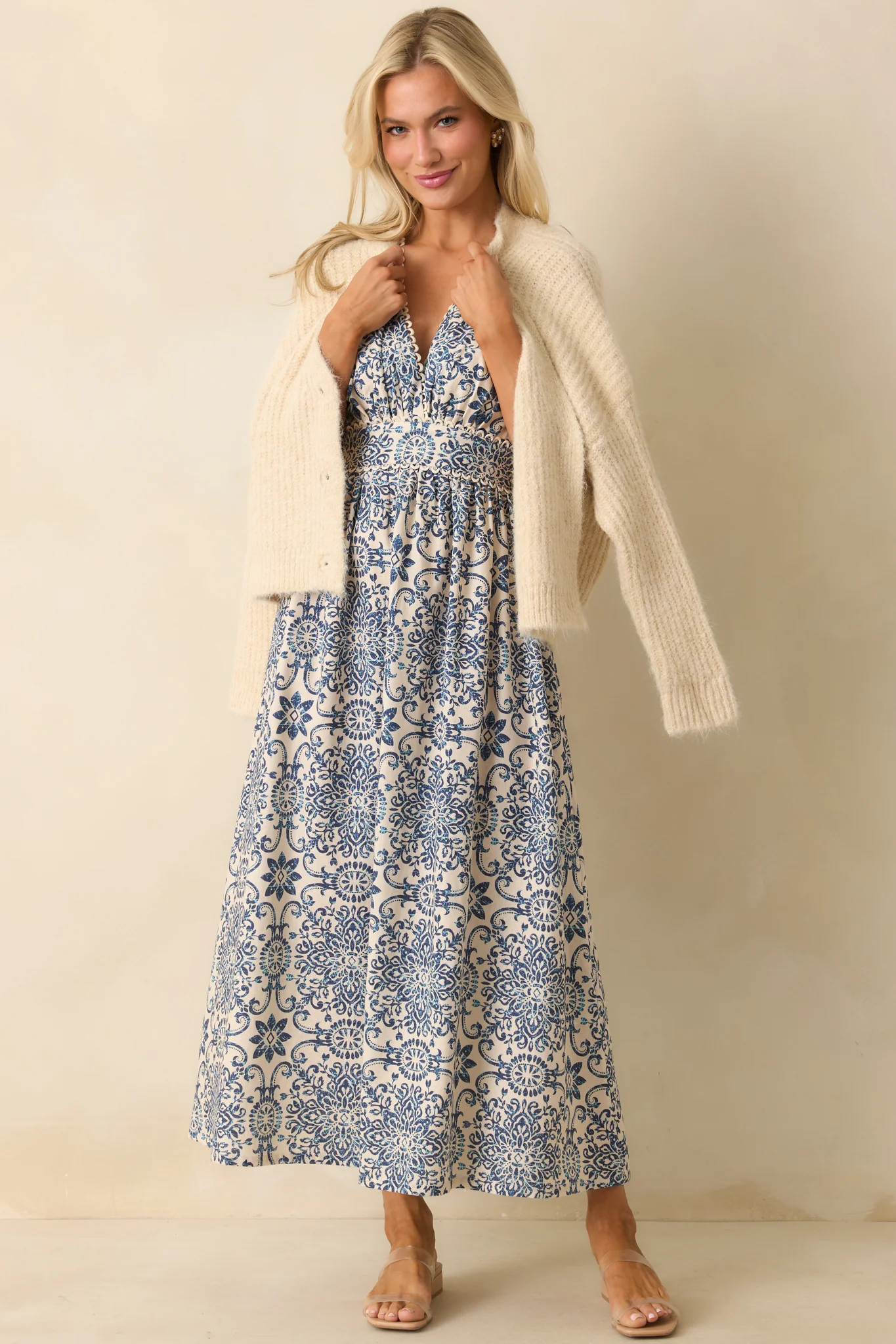 A Lovely Escape Blue Tile Print Linen Blend Sleeveless Maxi Dress