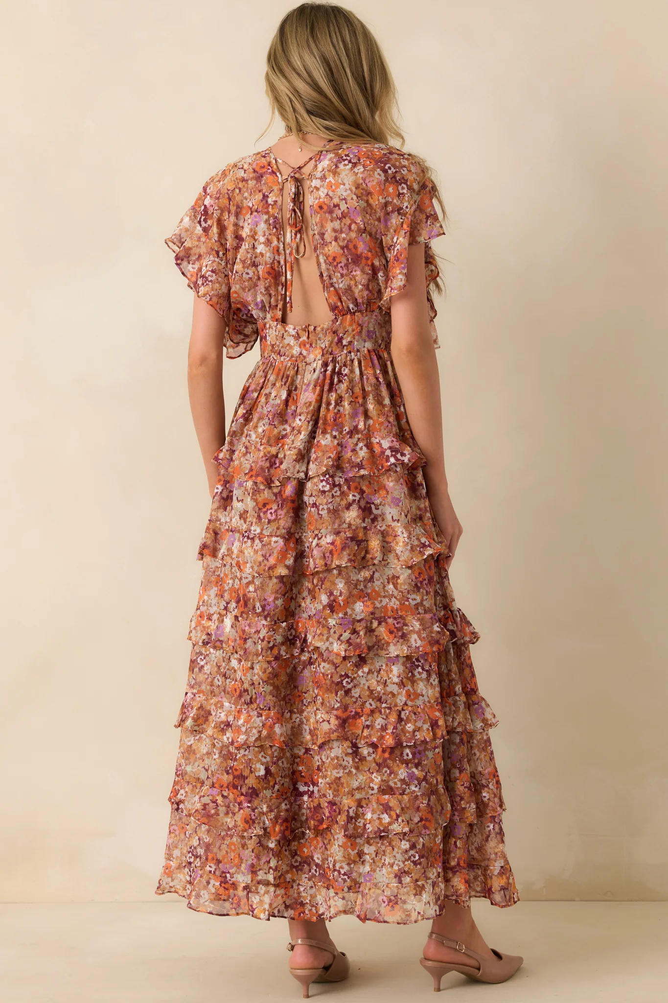 Room To Bloom Terracotta Multi Floral Print Ruffle Maxi Dress