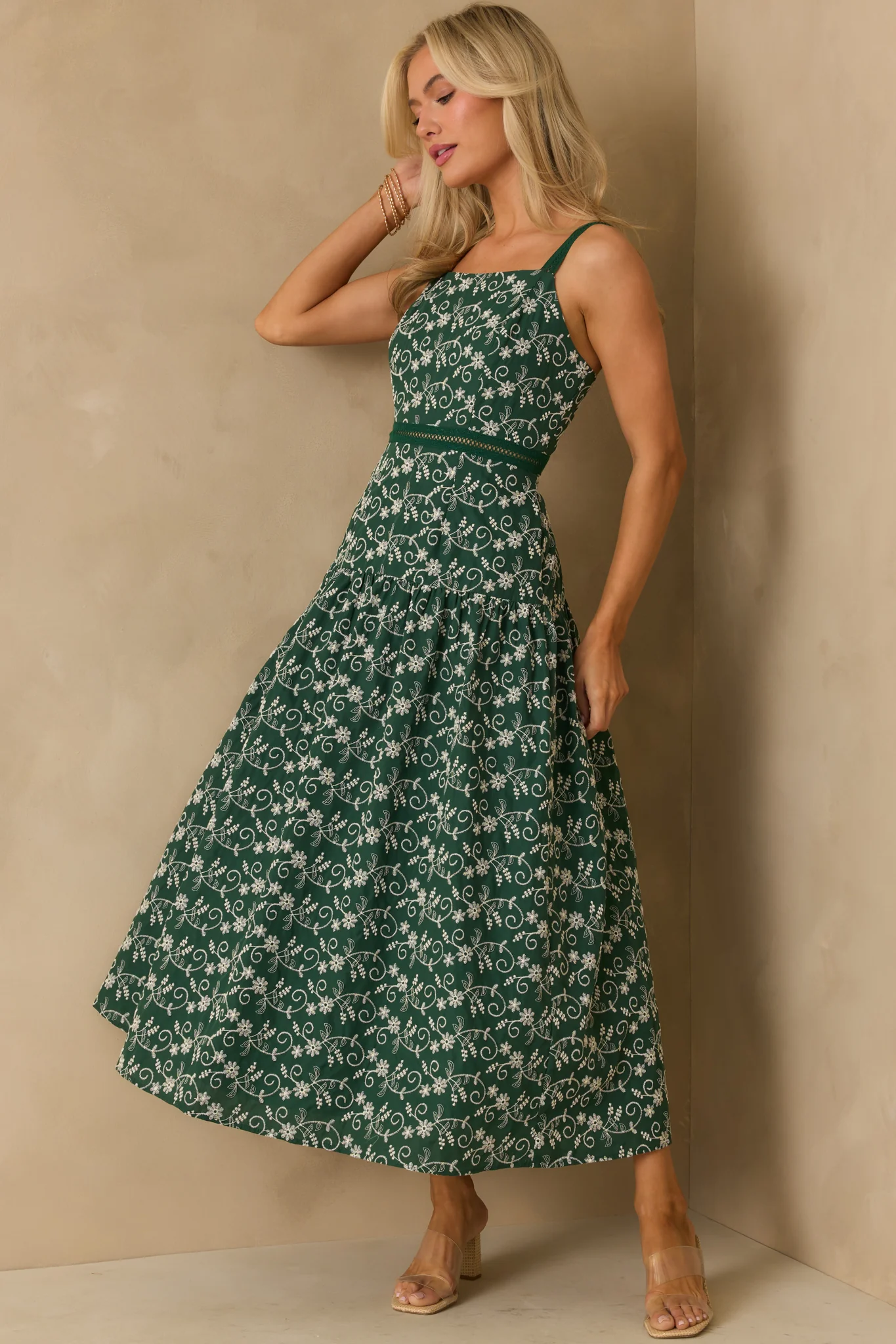 On My Side Hunter Green Floral Embroidered Eyelet Maxi Dress