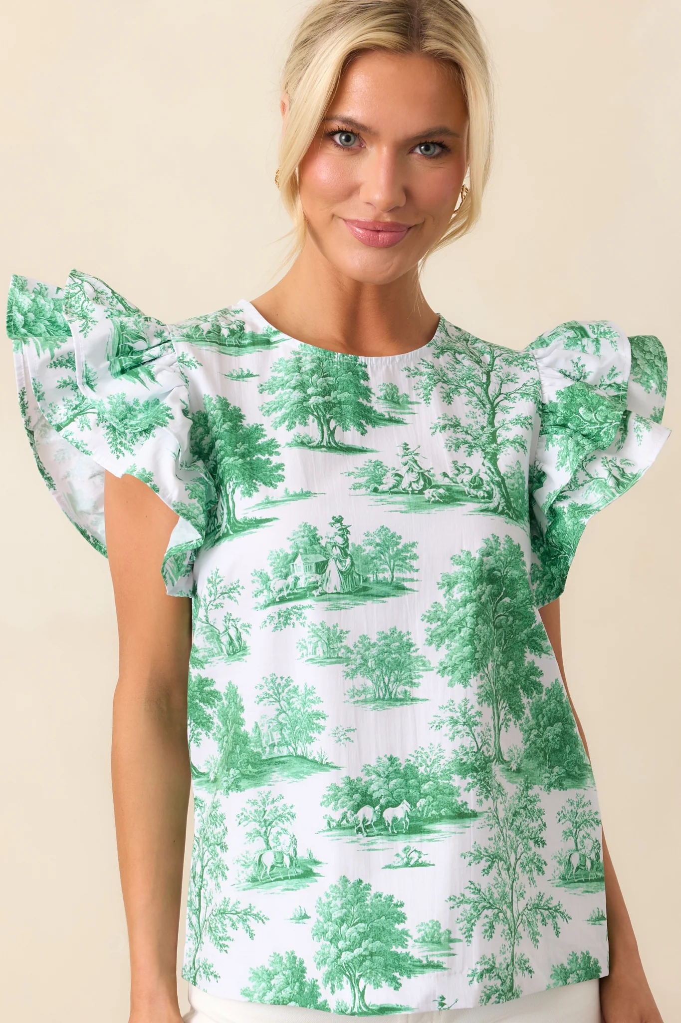 Avery Eden Green Toile Cotton Ruffle Top