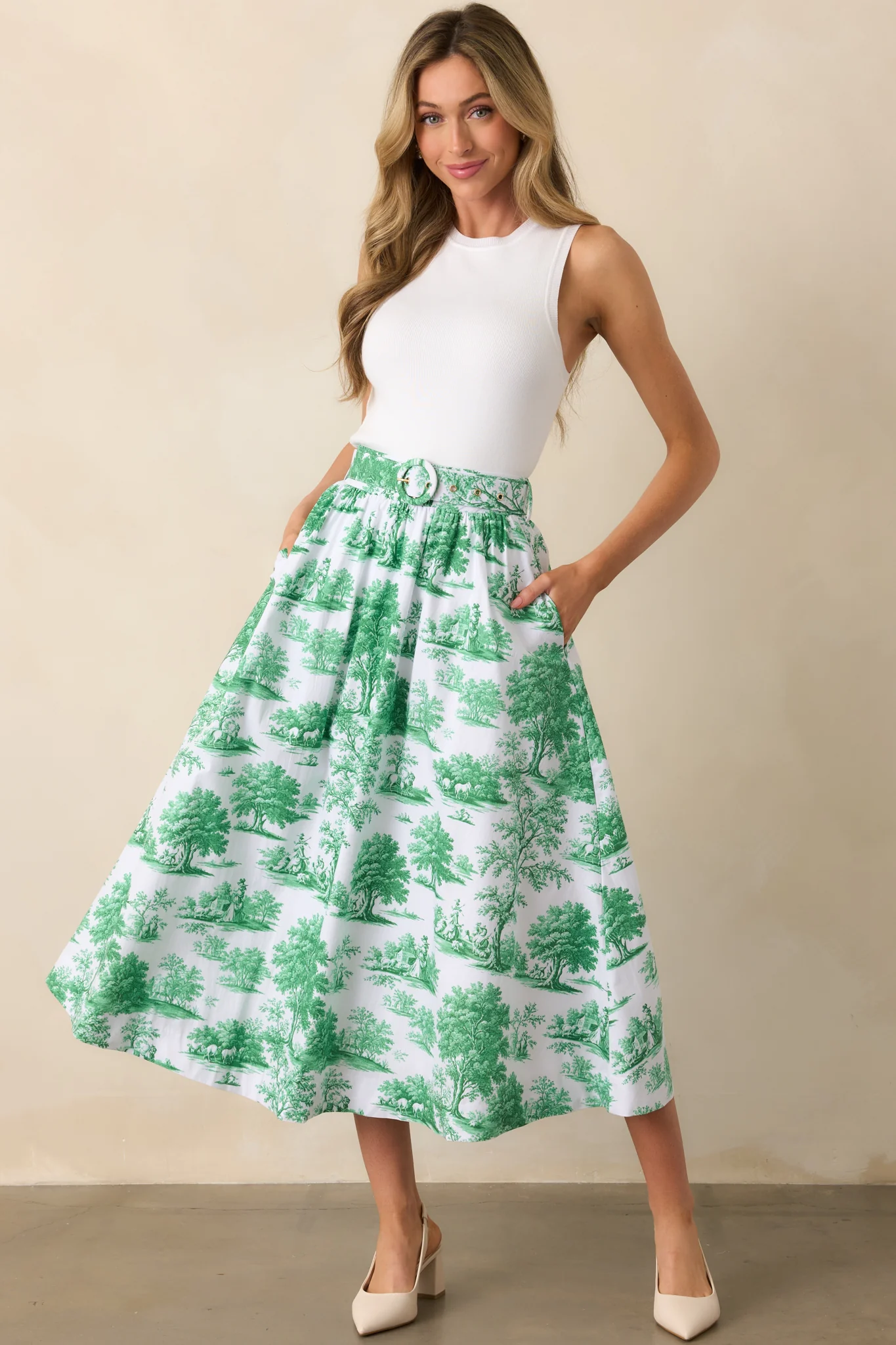 Thena Eden Green Toile Cotton Belted Midi Skirt