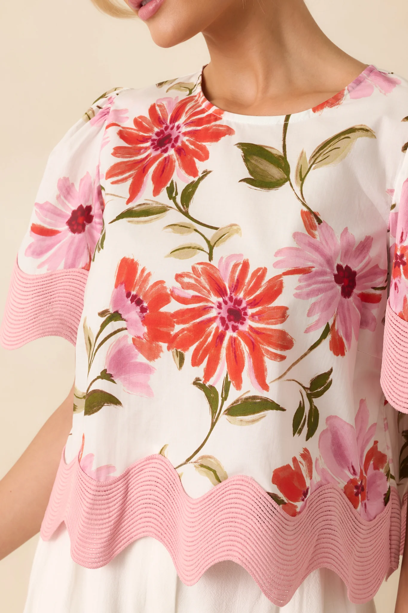 Without Even Trying To Pink Floral Print Cotton Scallop Hem Top