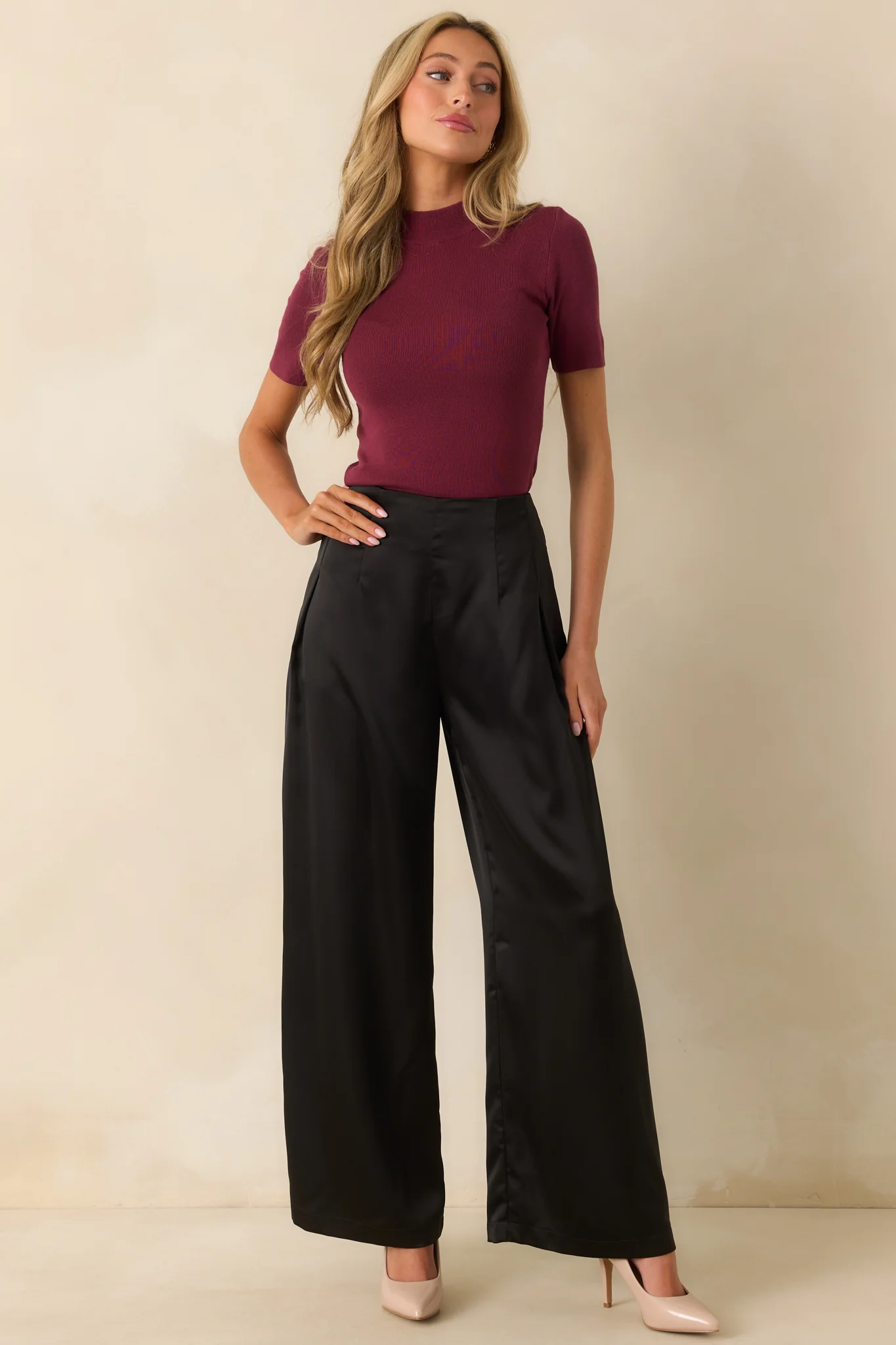 Without Thinking Wine Ribbed Mock Neck Short Sleeve Top