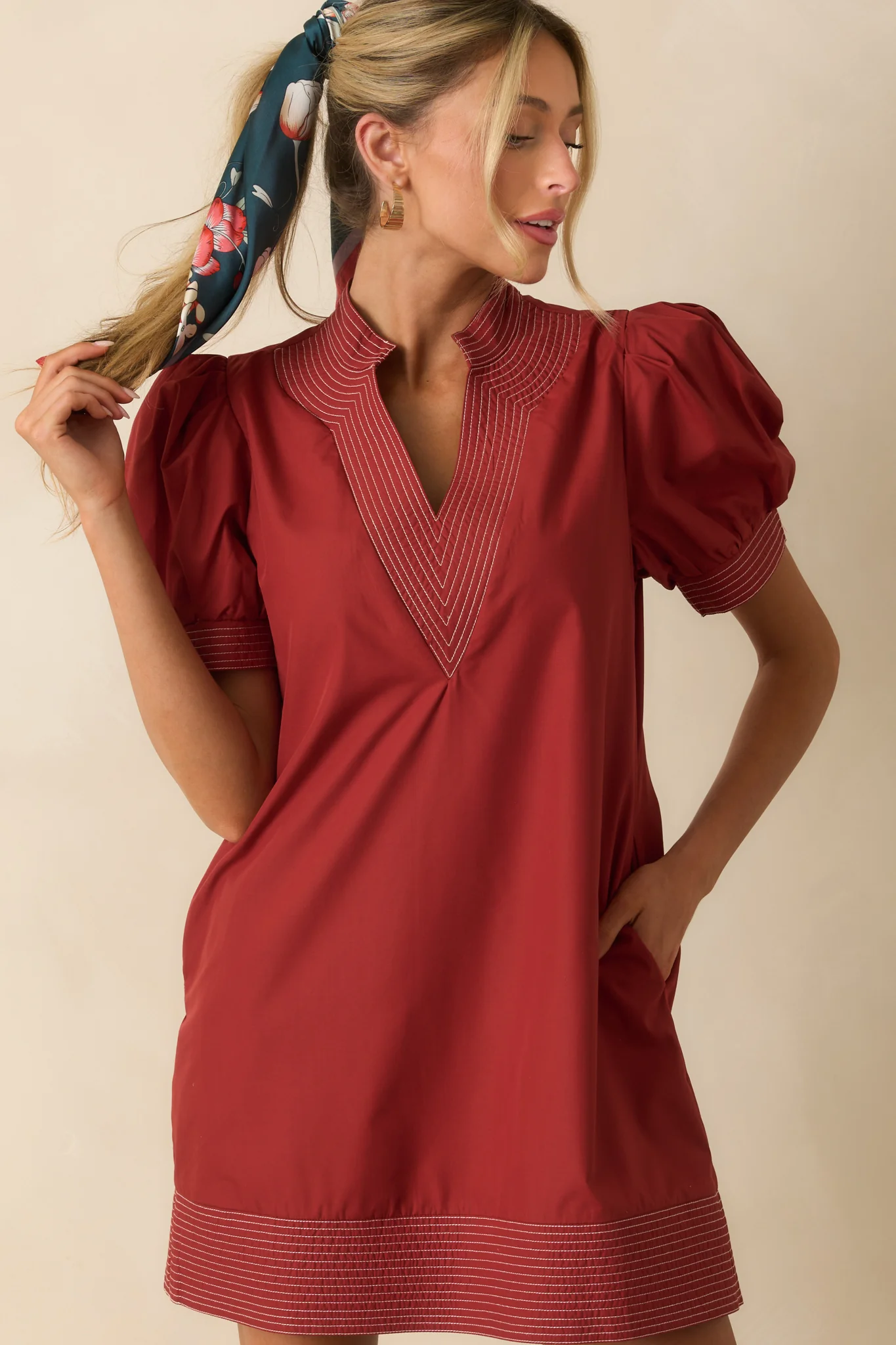 Took The Right Turn Brick Red Cotton Puff Sleeve Mini Dress