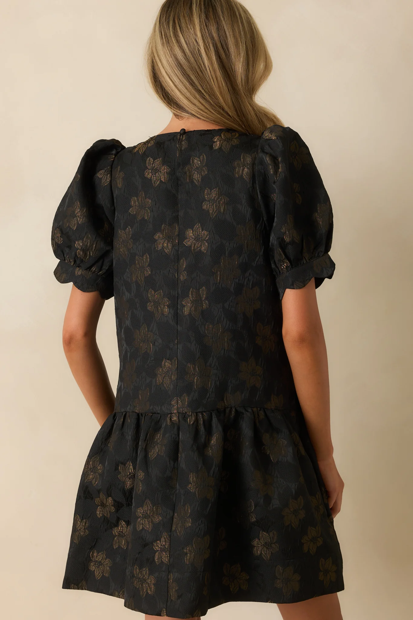 Meant To Shine Black Floral Jacquard Puff Sleeve Mini Dress