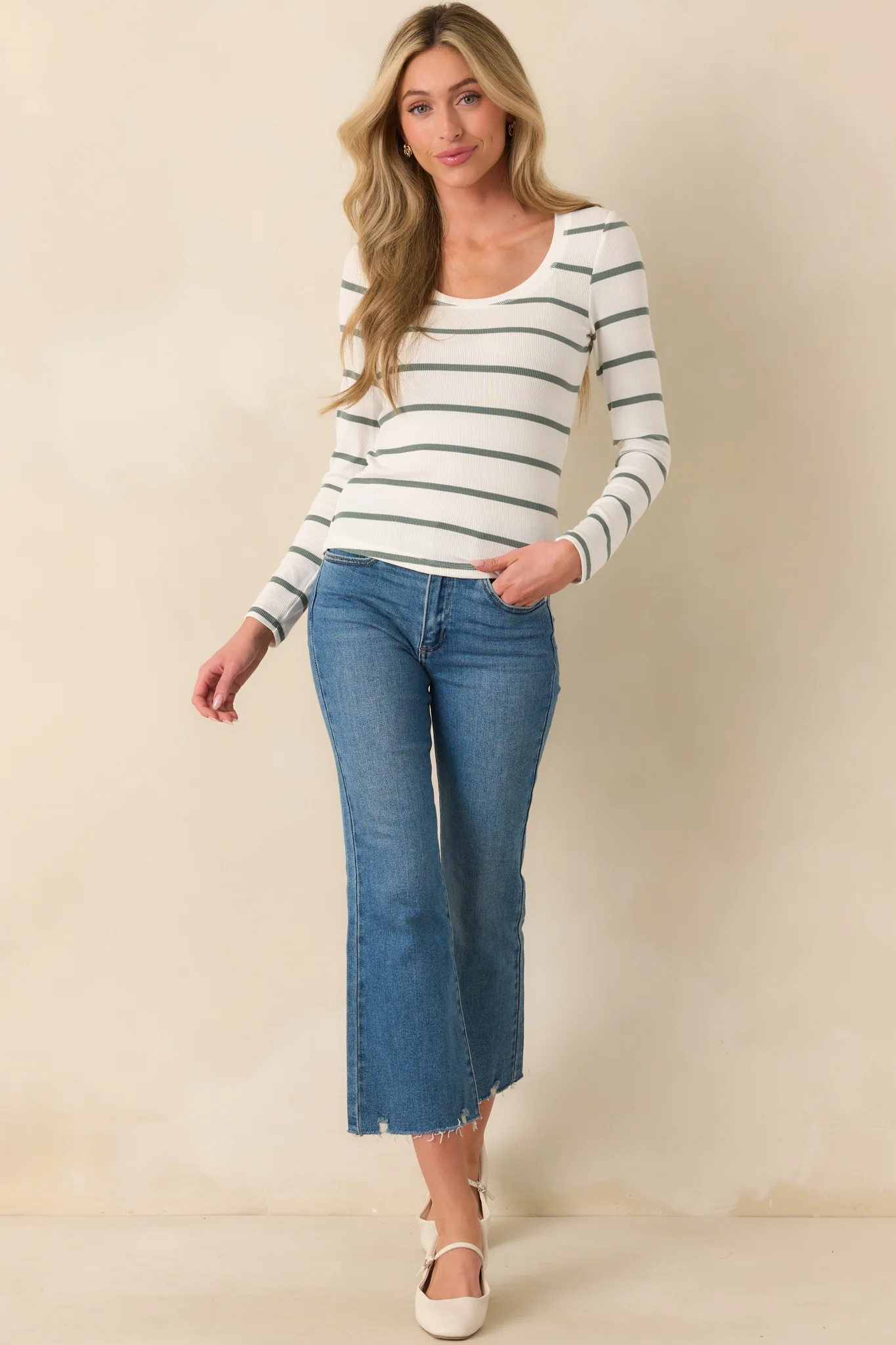 Always In Rotation Sage Green Stripe Long Sleeve Top