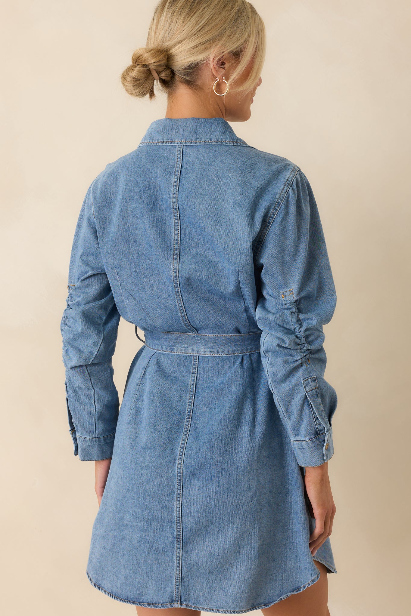 Count Me In Light Wash Cotton Denim Long Sleeve Mini Dress
