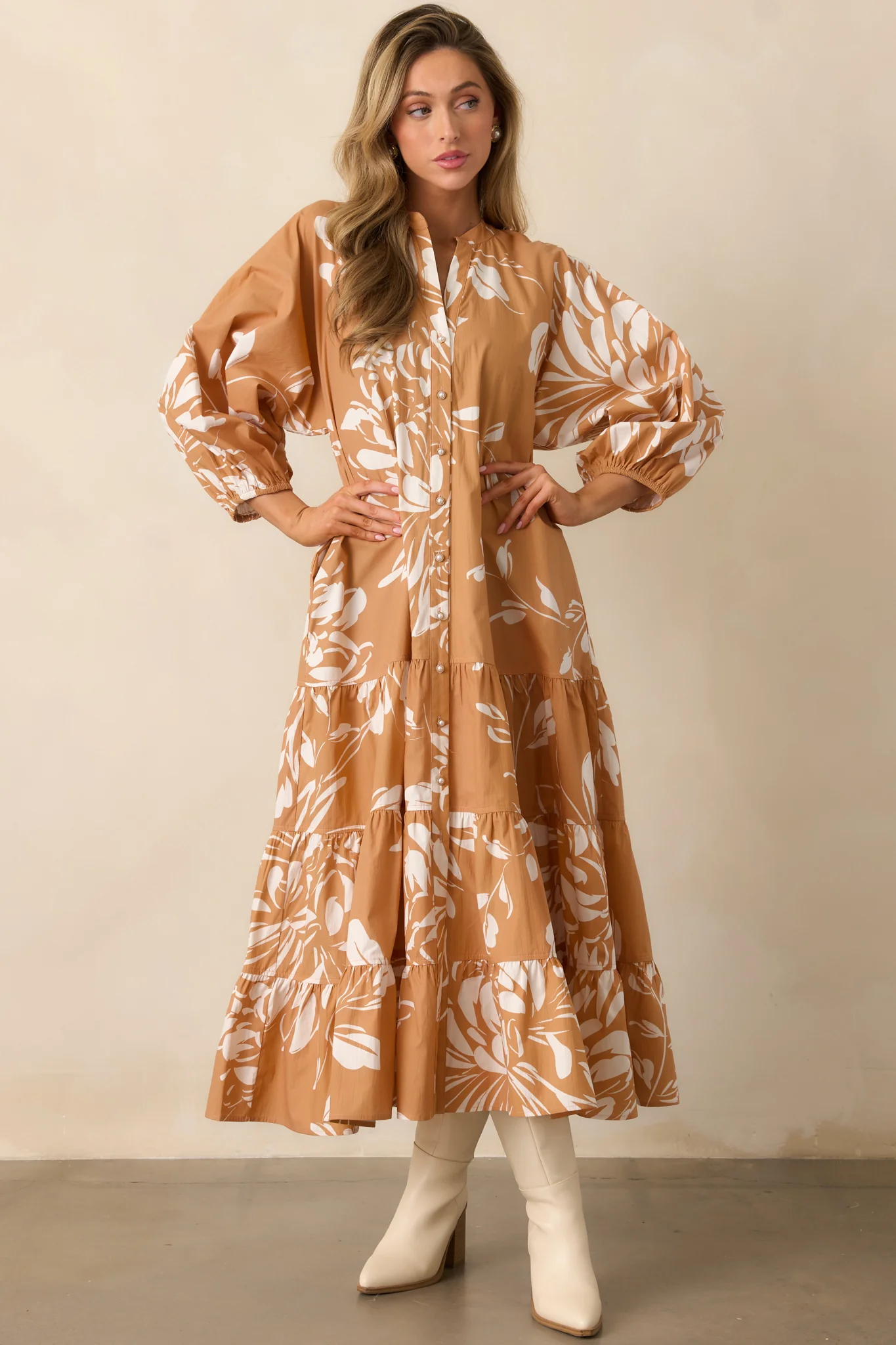 Fawn Brown Multi Floral Print Cotton Maxi Dress