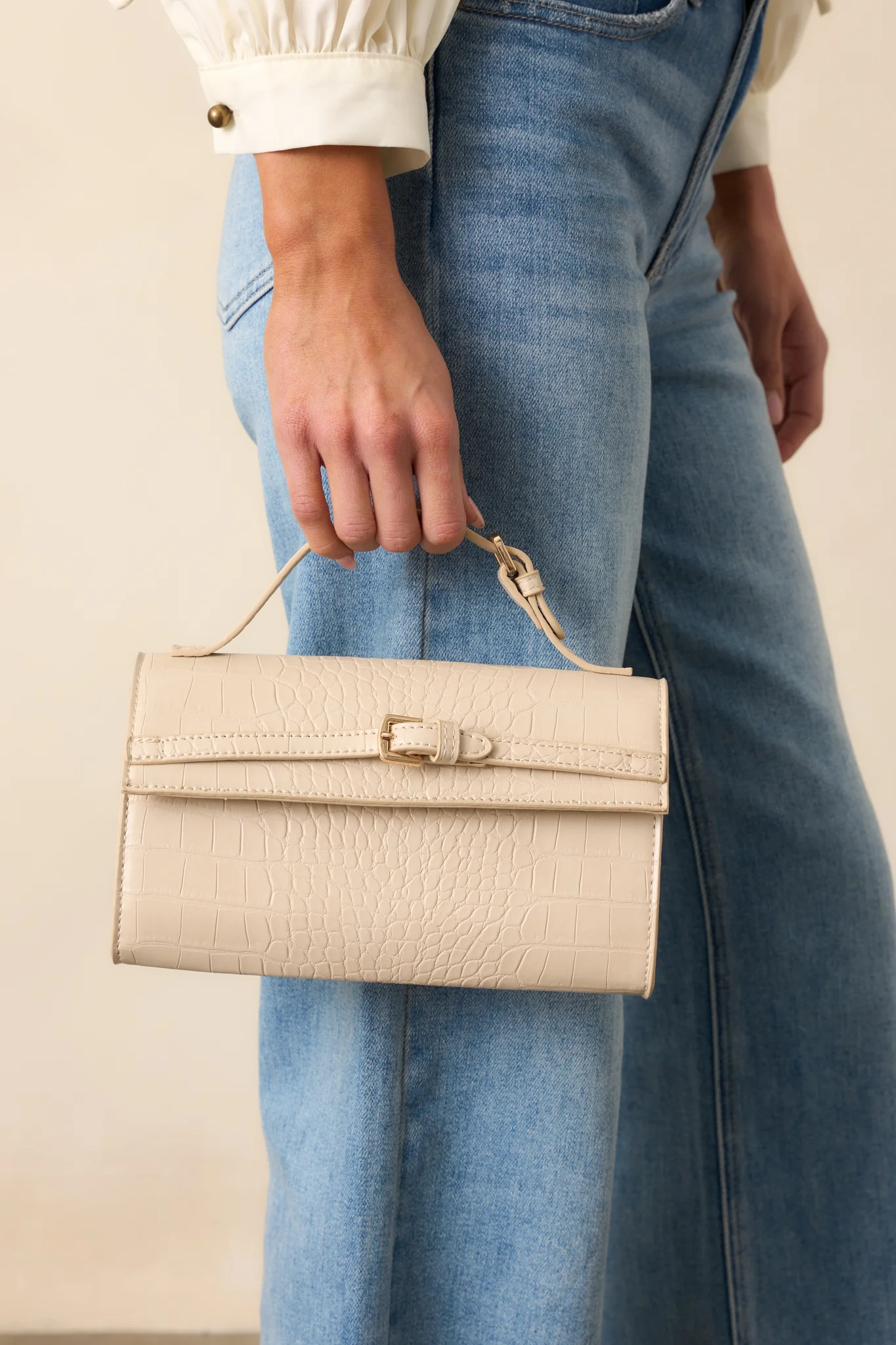 After Party Beige Faux Croc Handbag