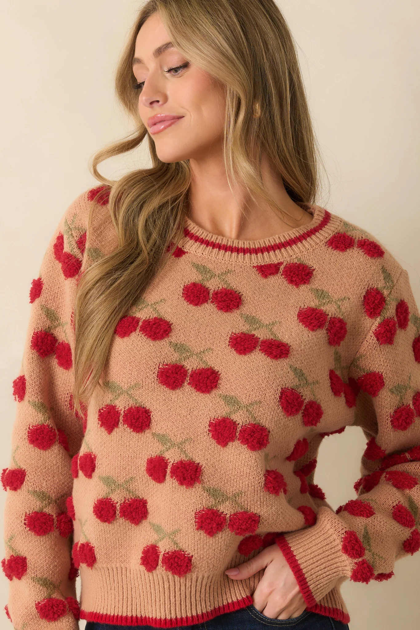 Camel Brown Cherry Knit Long Sleeve Sweater
