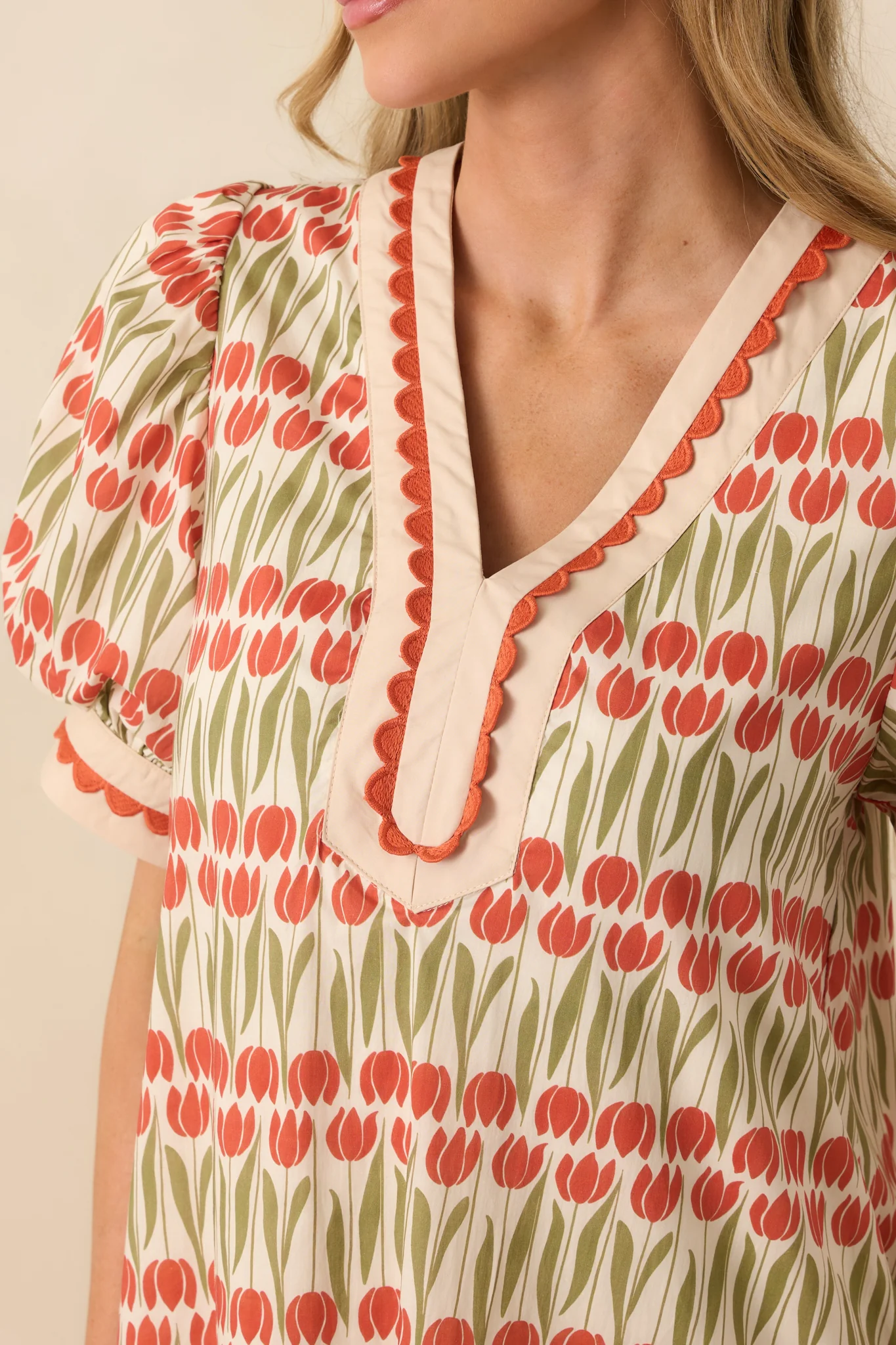 Simply Hers Ivory Tulip Floral Print Cotton Puff Sleeve Mini Dress