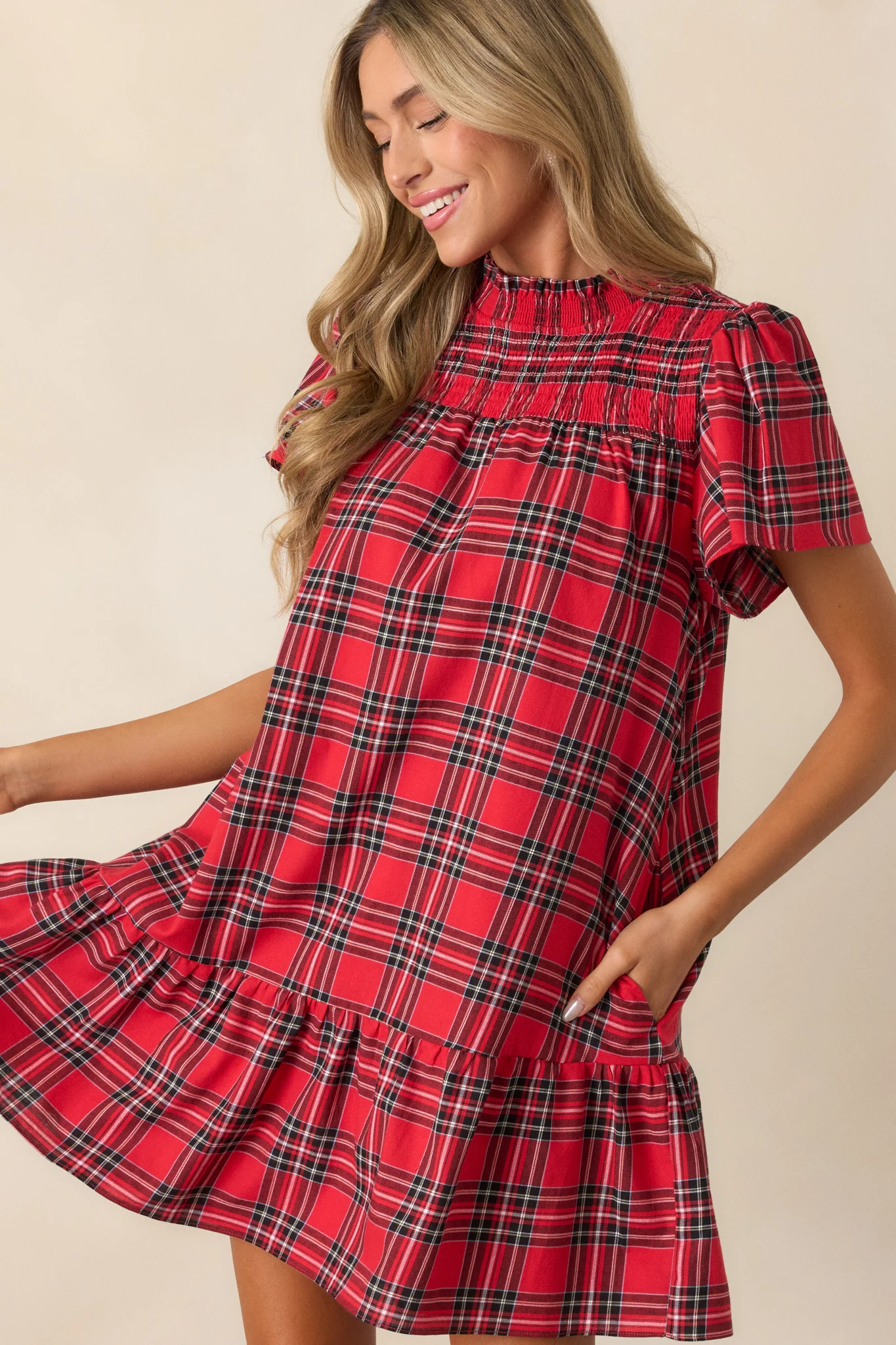 Candlelight Chats Cotton Red Plaid Mock Neck Mini Dress