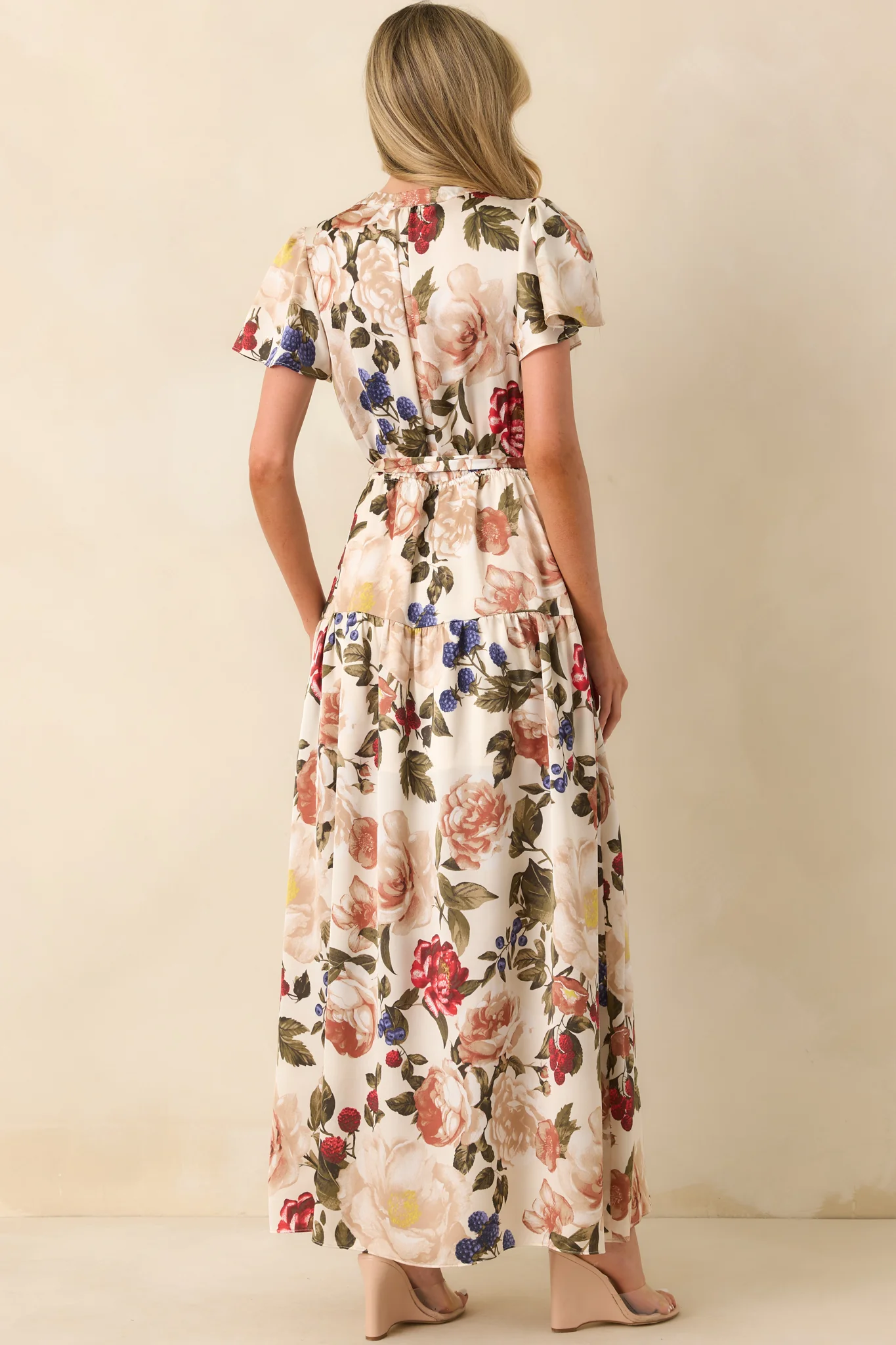 Staying True Ivory Multi Floral Print Satin Maxi Dress