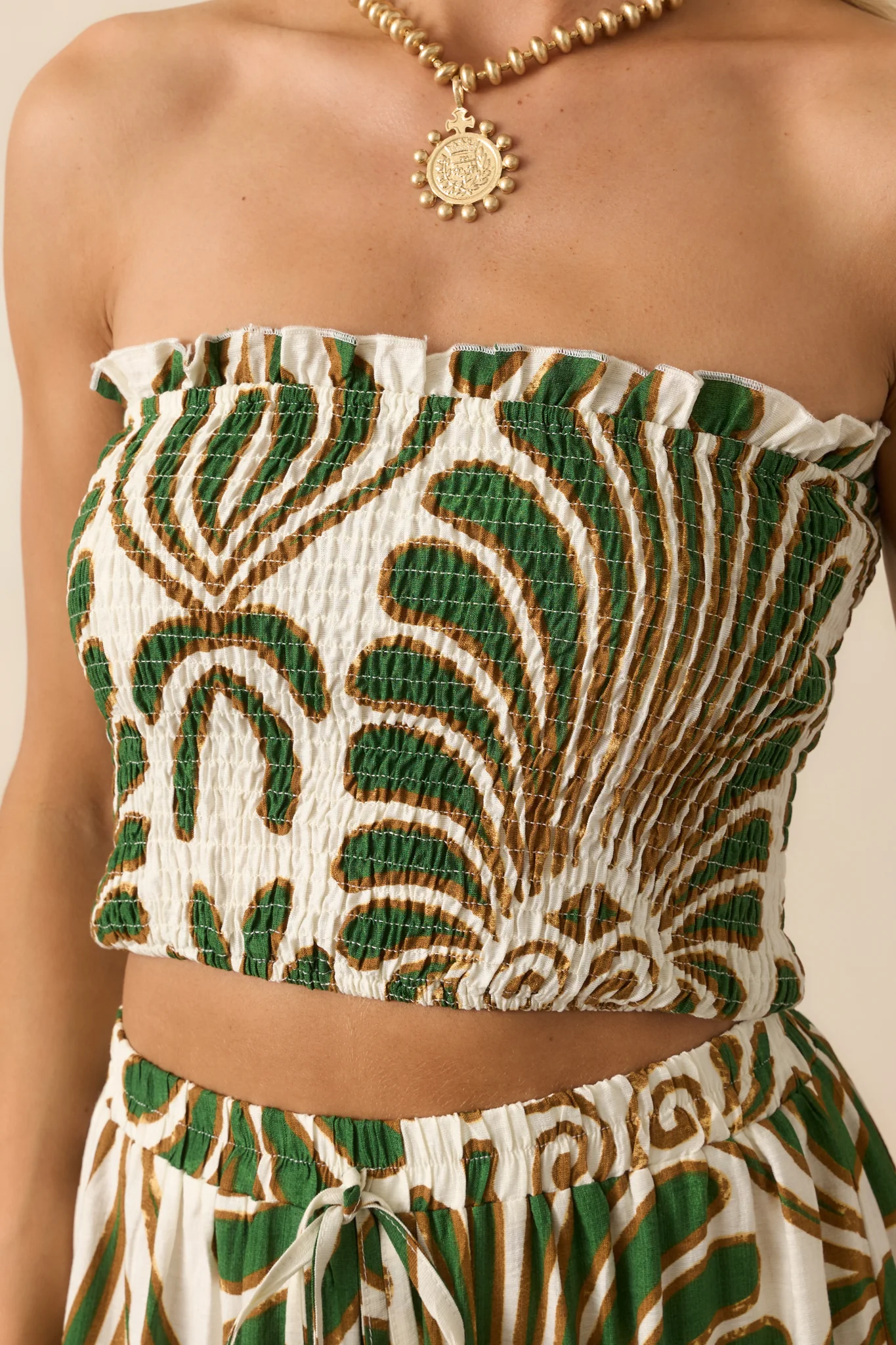 Endless Days Green Abstract Print Strapless Smocked Crop Top