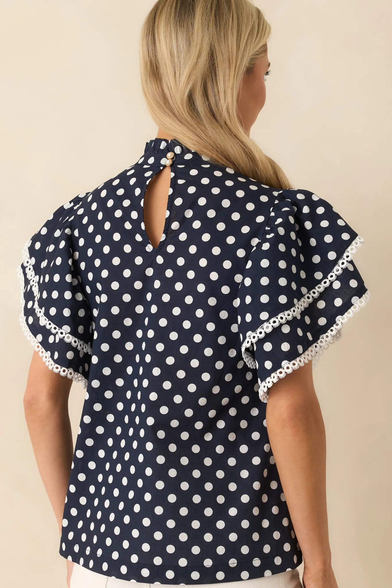 Prosperina Blair Navy Polka Dot Cotton Ruffle Top