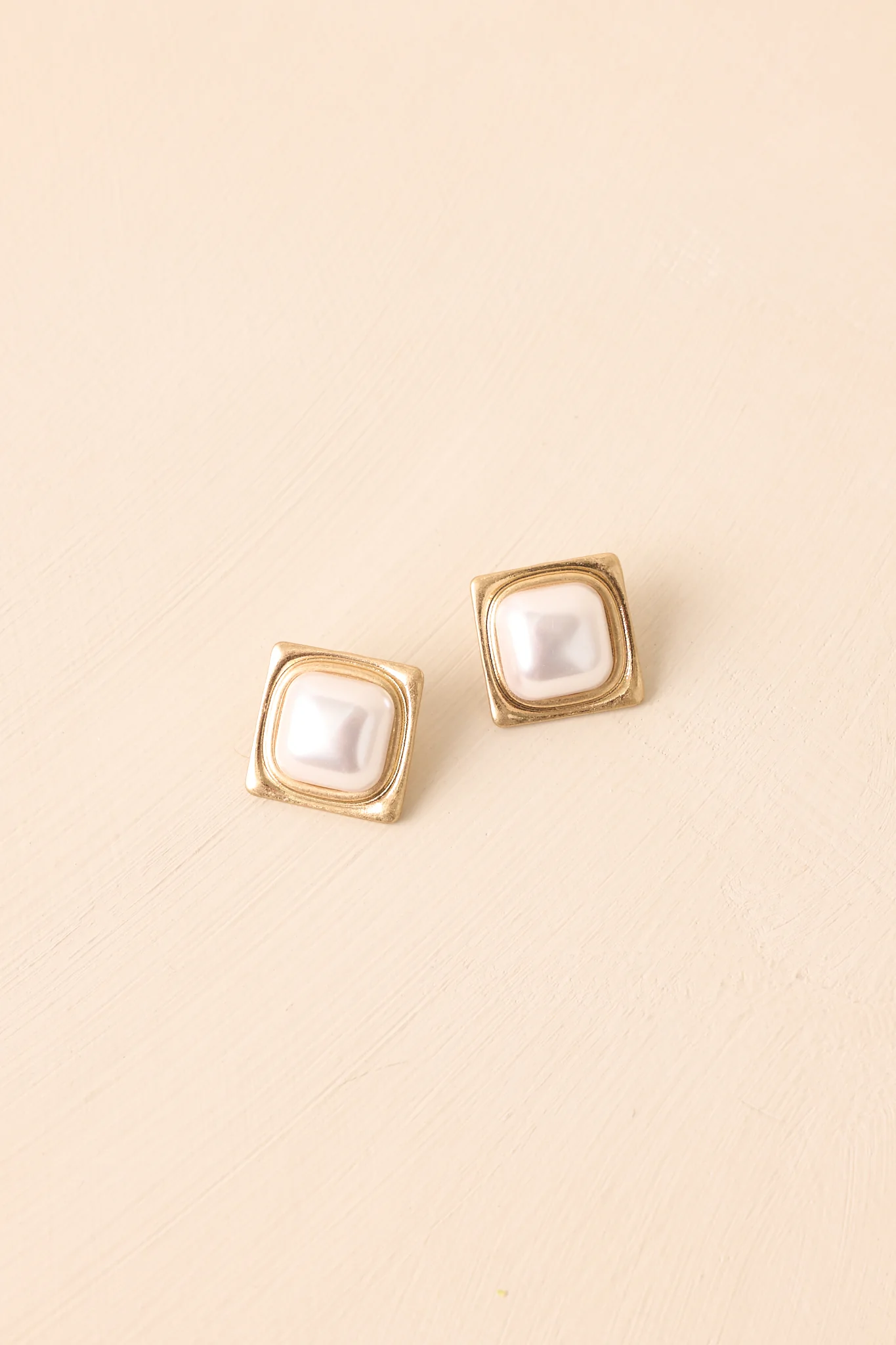 A Little Obsessed Ivory Pearl Gold Square Frame Stud Earrings
