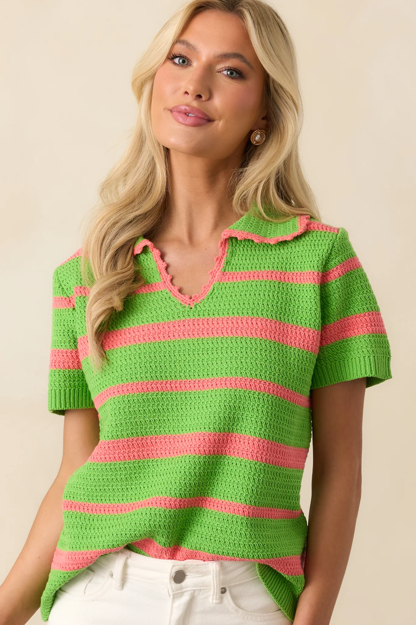 Keeping My Peace Bright Green Stripe Short Sleeve Knit Top