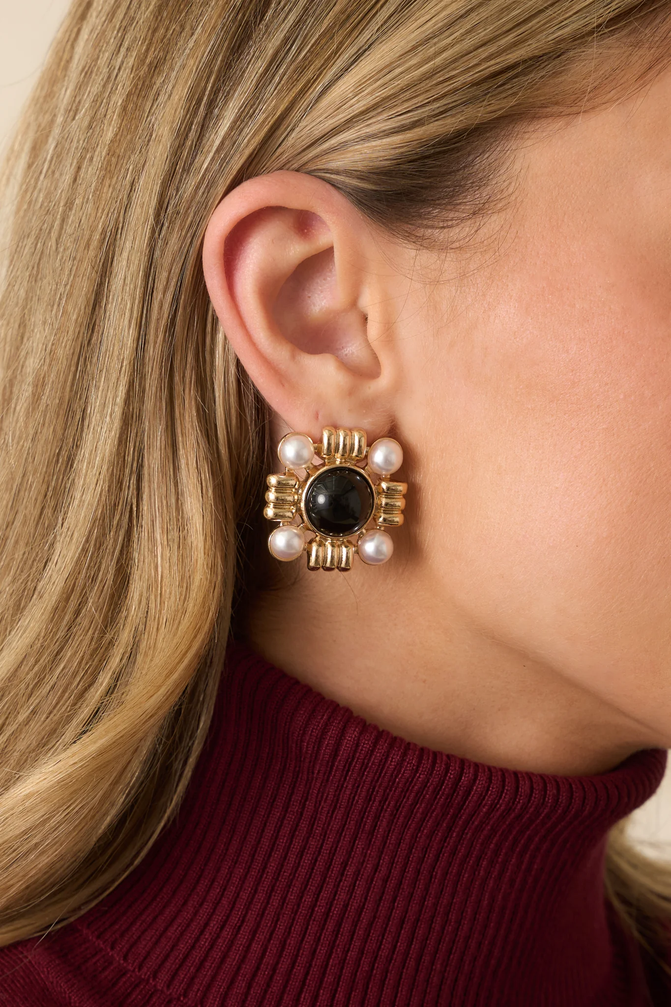 Gold Square Black Stone Earrings