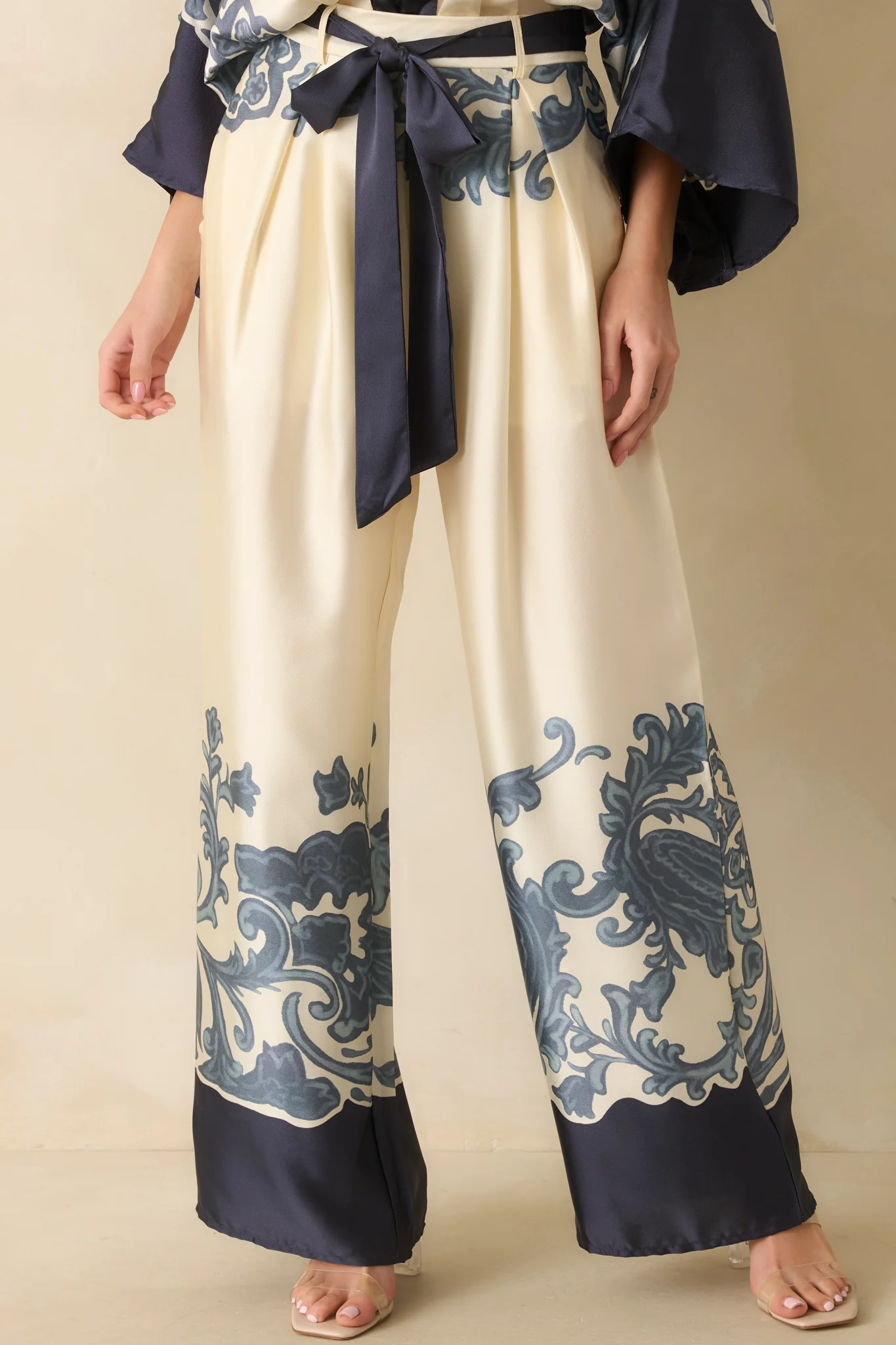 Navy Multi Print Belted Wide Leg Pants