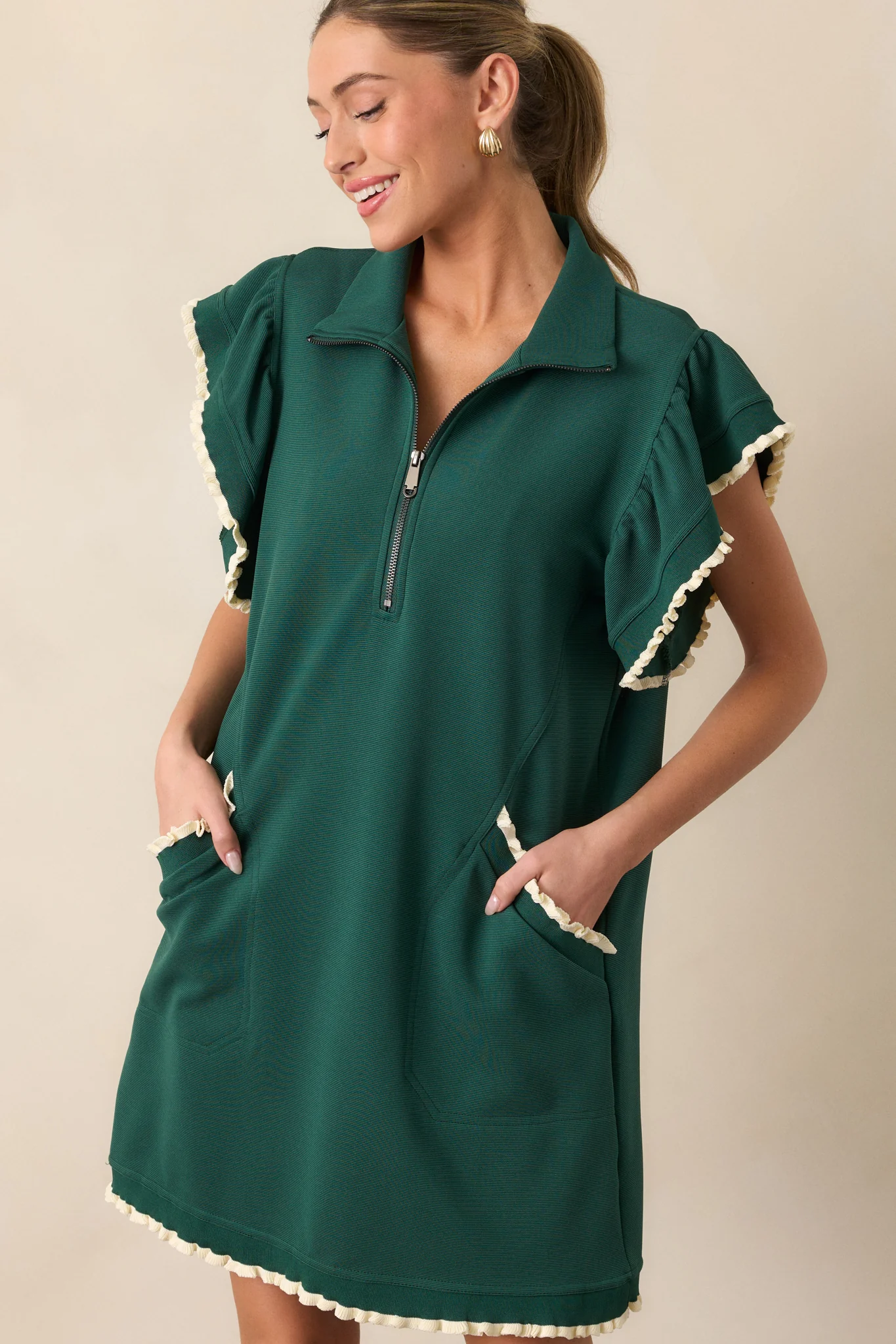 Everywhere & Back Forest Green Flutter Sleeve Mini Dress