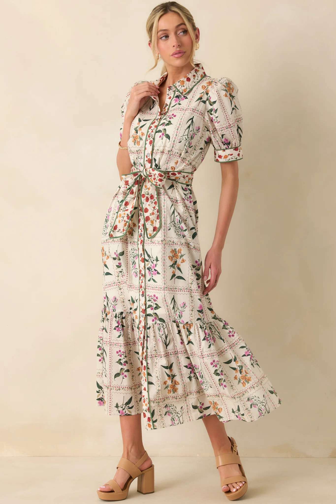 Look No Further Ivory Multi Floral Print Cotton Maxi Shirt Dress